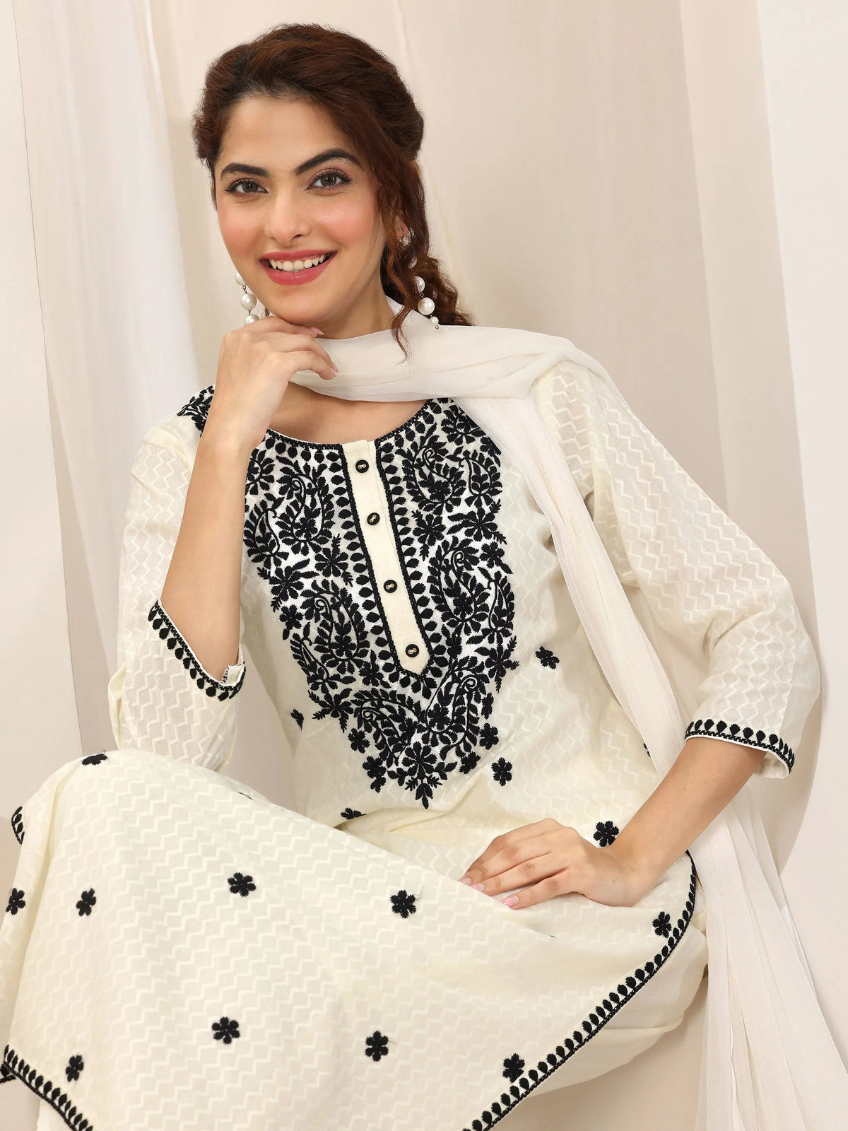 Anouk Off White Embroidered Cotton Straight Suit Set With Dupatta