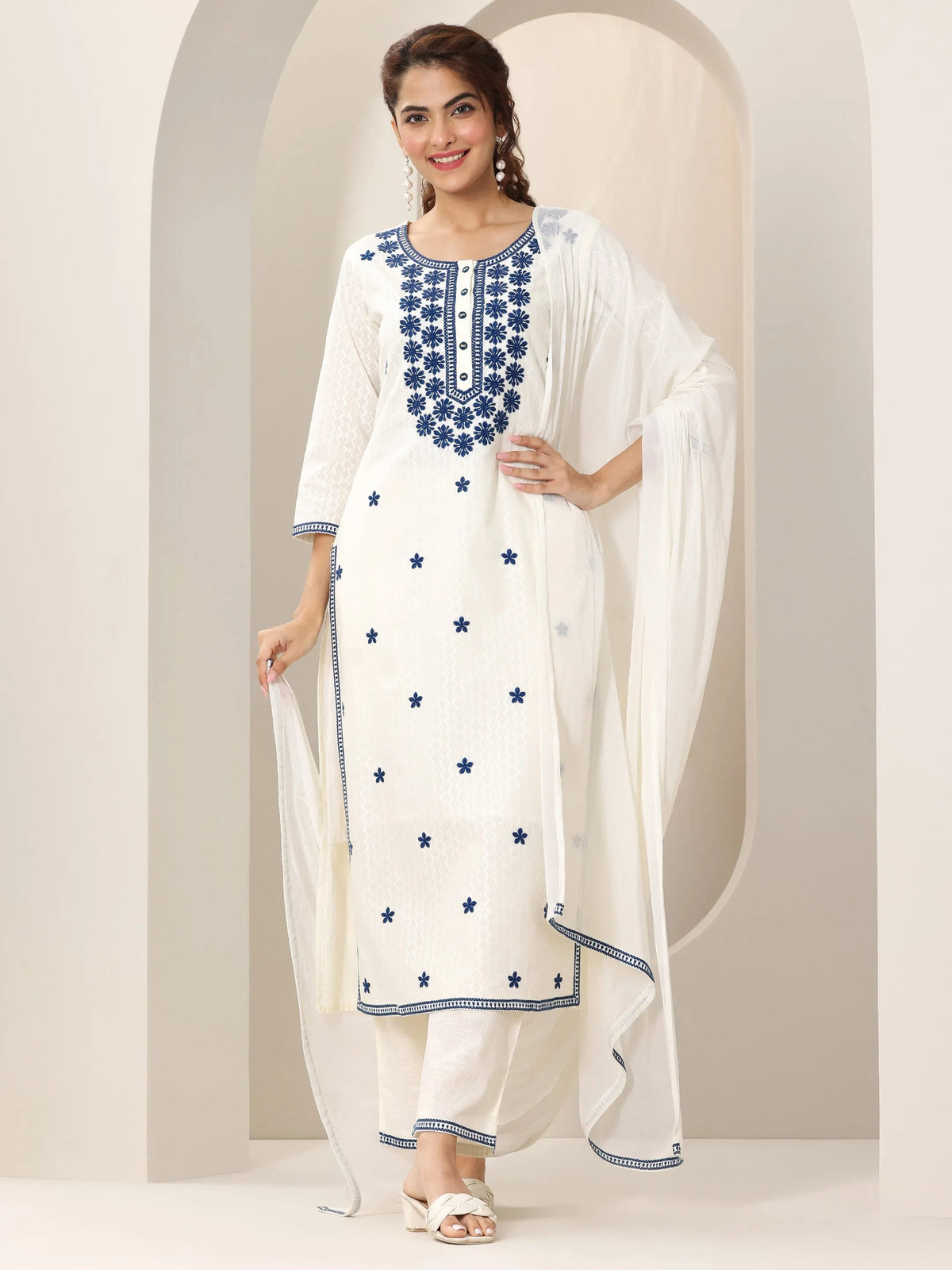 Anouk Off White Embroidered Cotton Straight Suit Set With Dupatta
