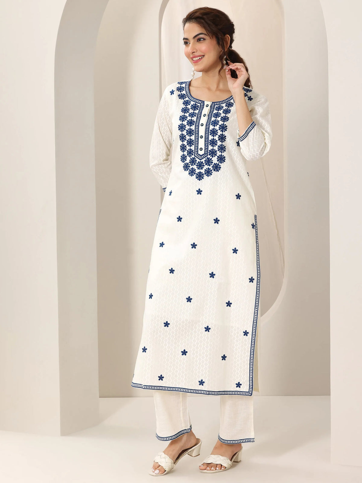 Anouk Off White Embroidered Cotton Straight Suit Set With Dupatta