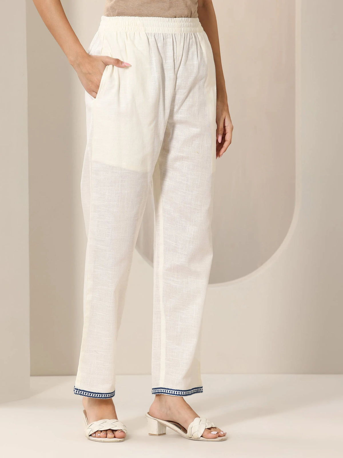 Anouk Off White Embroidered Cotton Straight Suit Set With Dupatta
