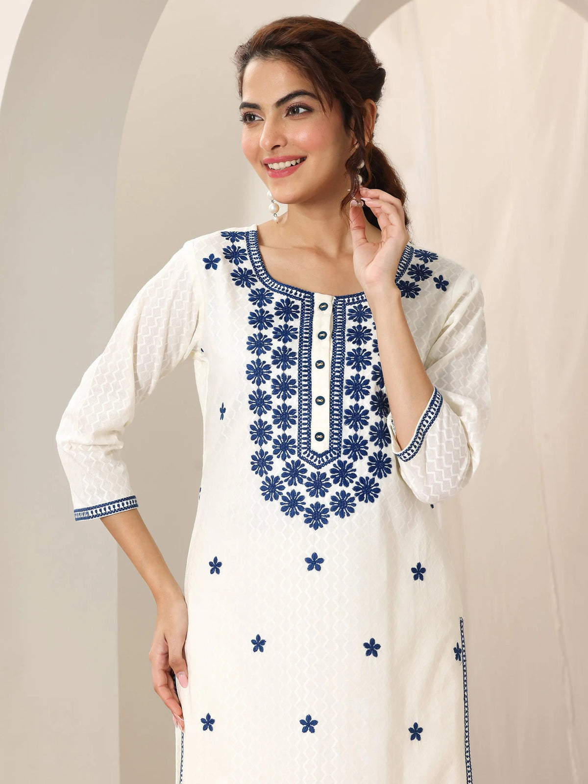 Anouk Off White Embroidered Cotton Straight Suit Set With Dupatta