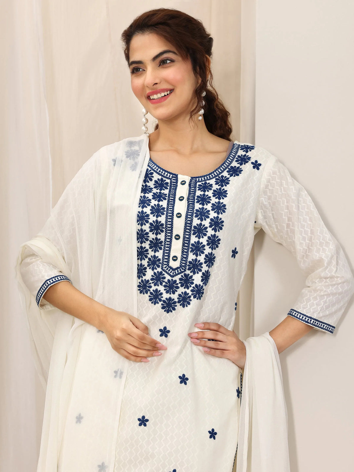 Anouk Off White Embroidered Cotton Straight Suit Set With Dupatta