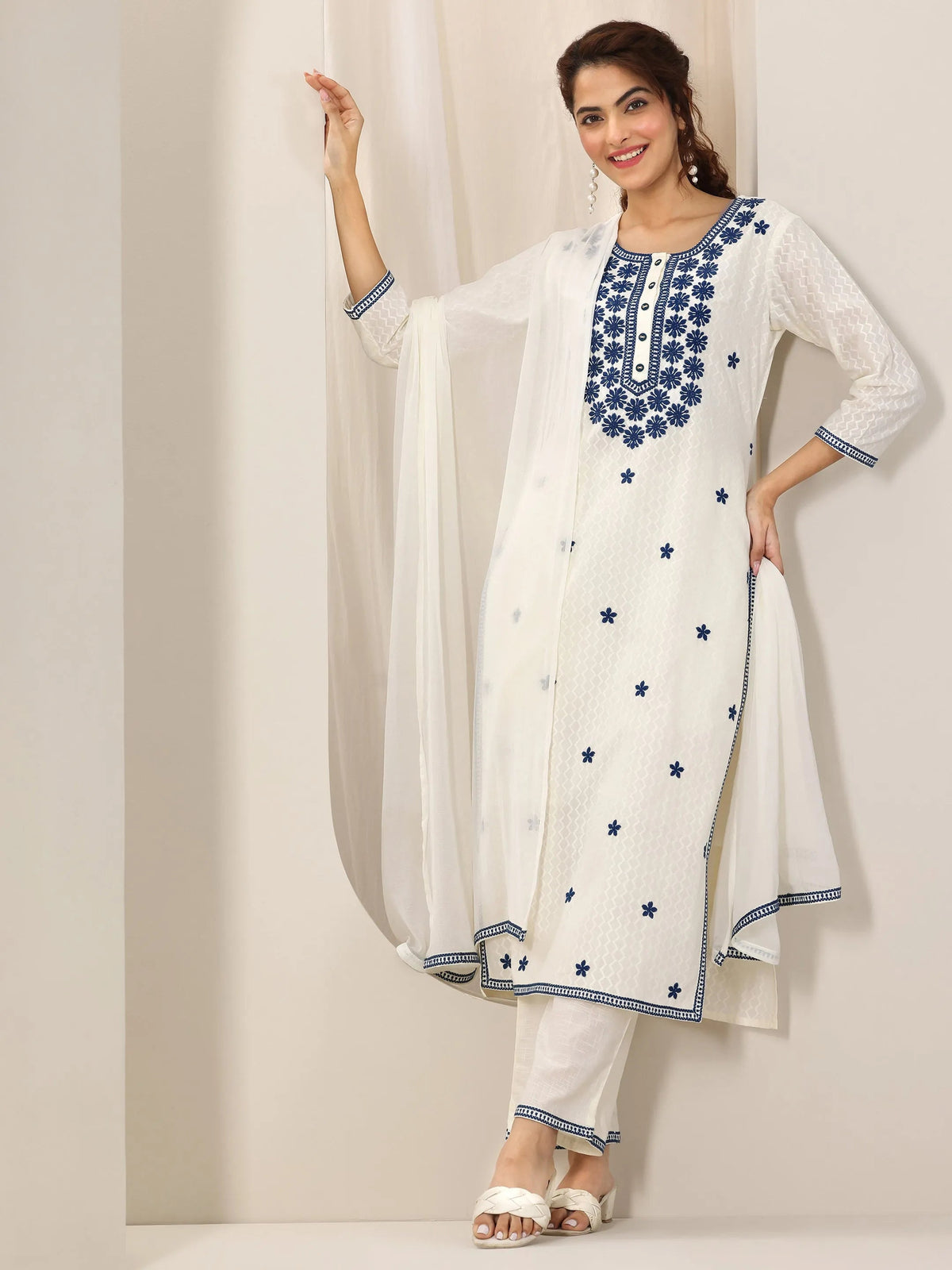 Anouk Off White Embroidered Cotton Straight Suit Set With Dupatta