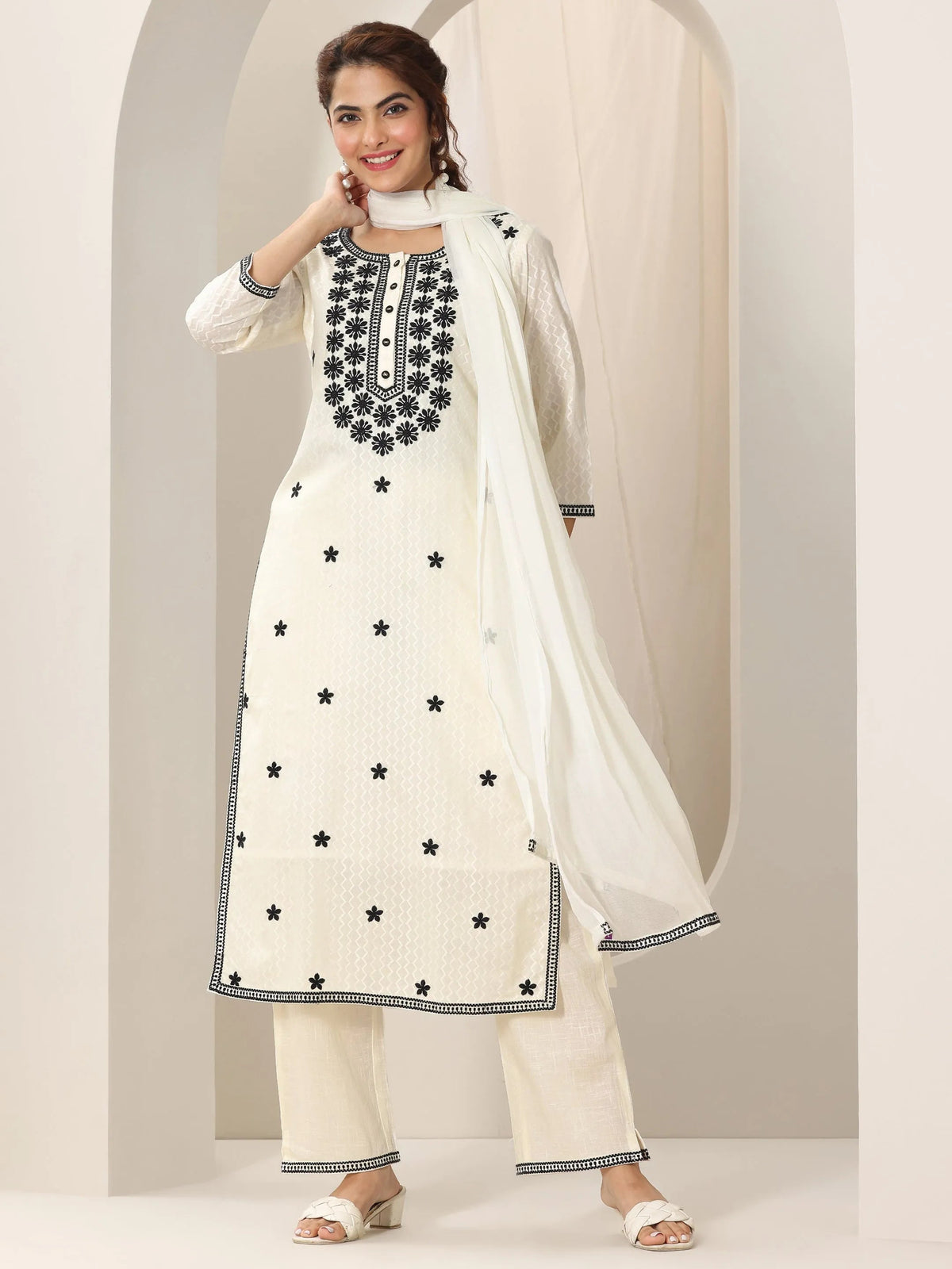 Anouk Off White Embroidered Cotton Straight Suit Set With Dupatta