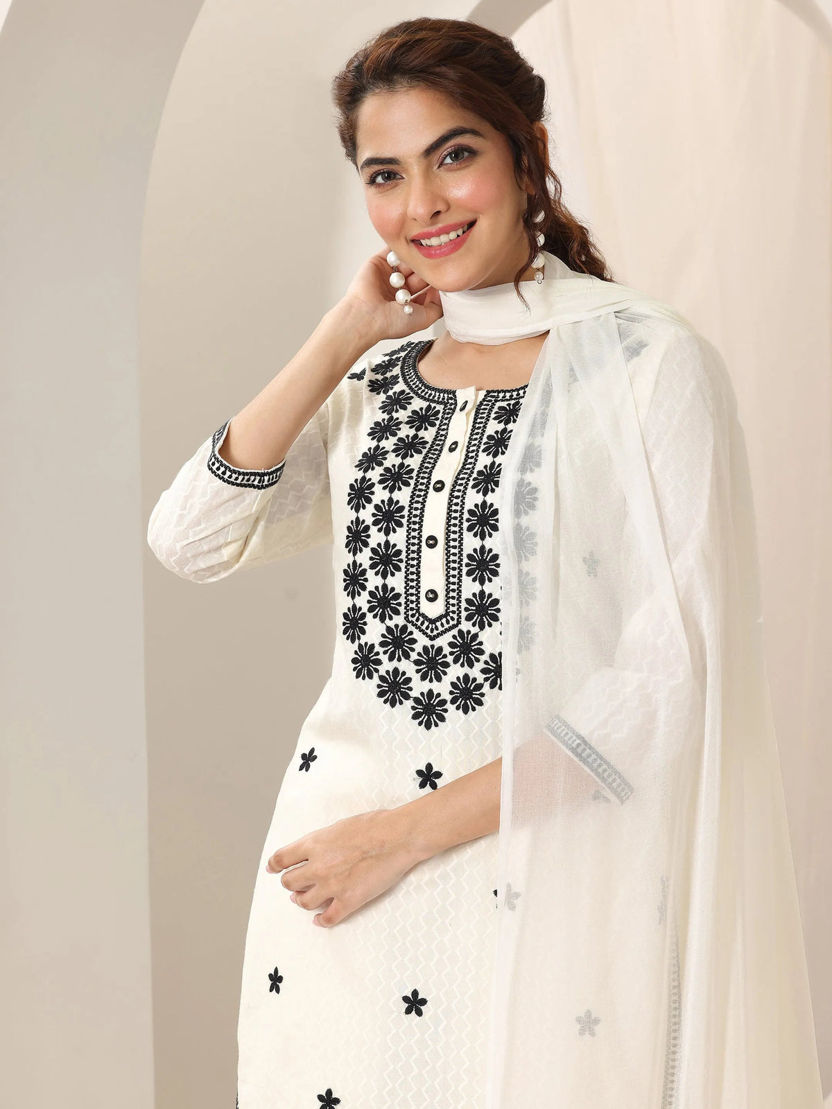 Anouk Off White Embroidered Cotton Straight Suit Set With Dupatta