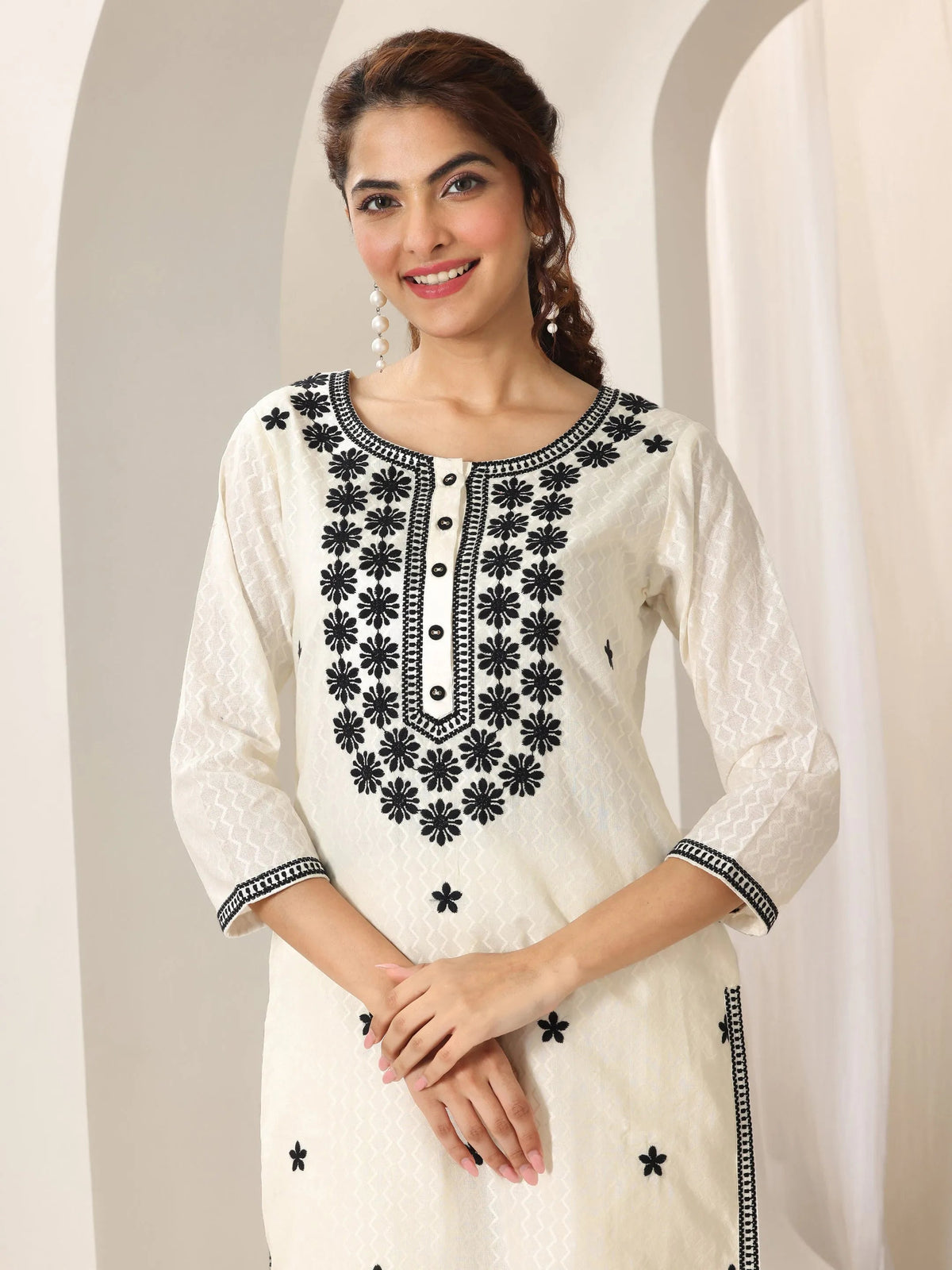 Anouk Off White Embroidered Cotton Straight Suit Set With Dupatta
