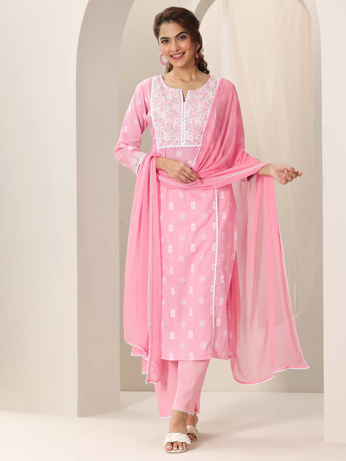 Anouk Pink Embroidered Cotton Straight Suit Set With Dupatta