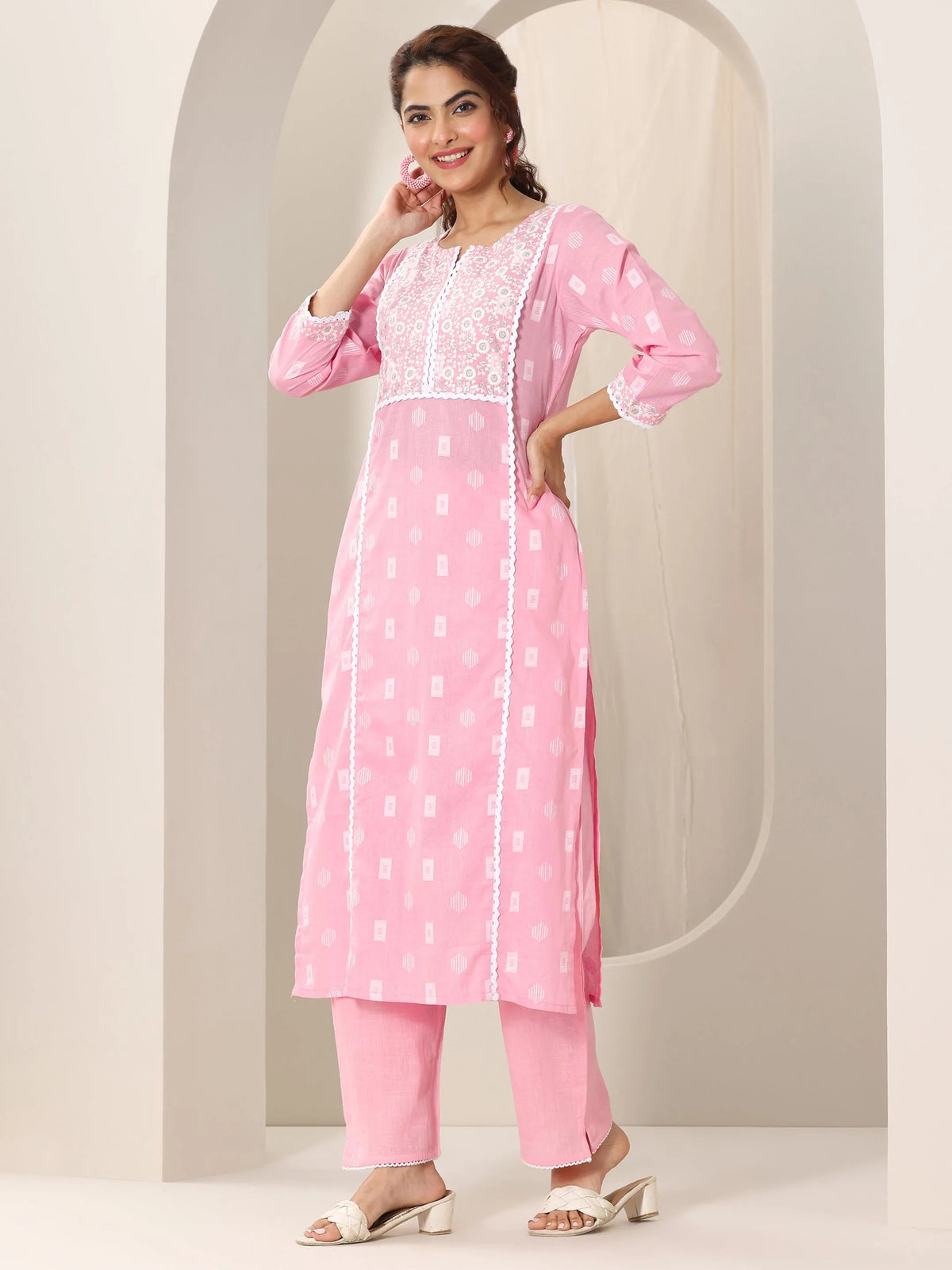 Anouk Pink Embroidered Cotton Straight Suit Set With Dupatta