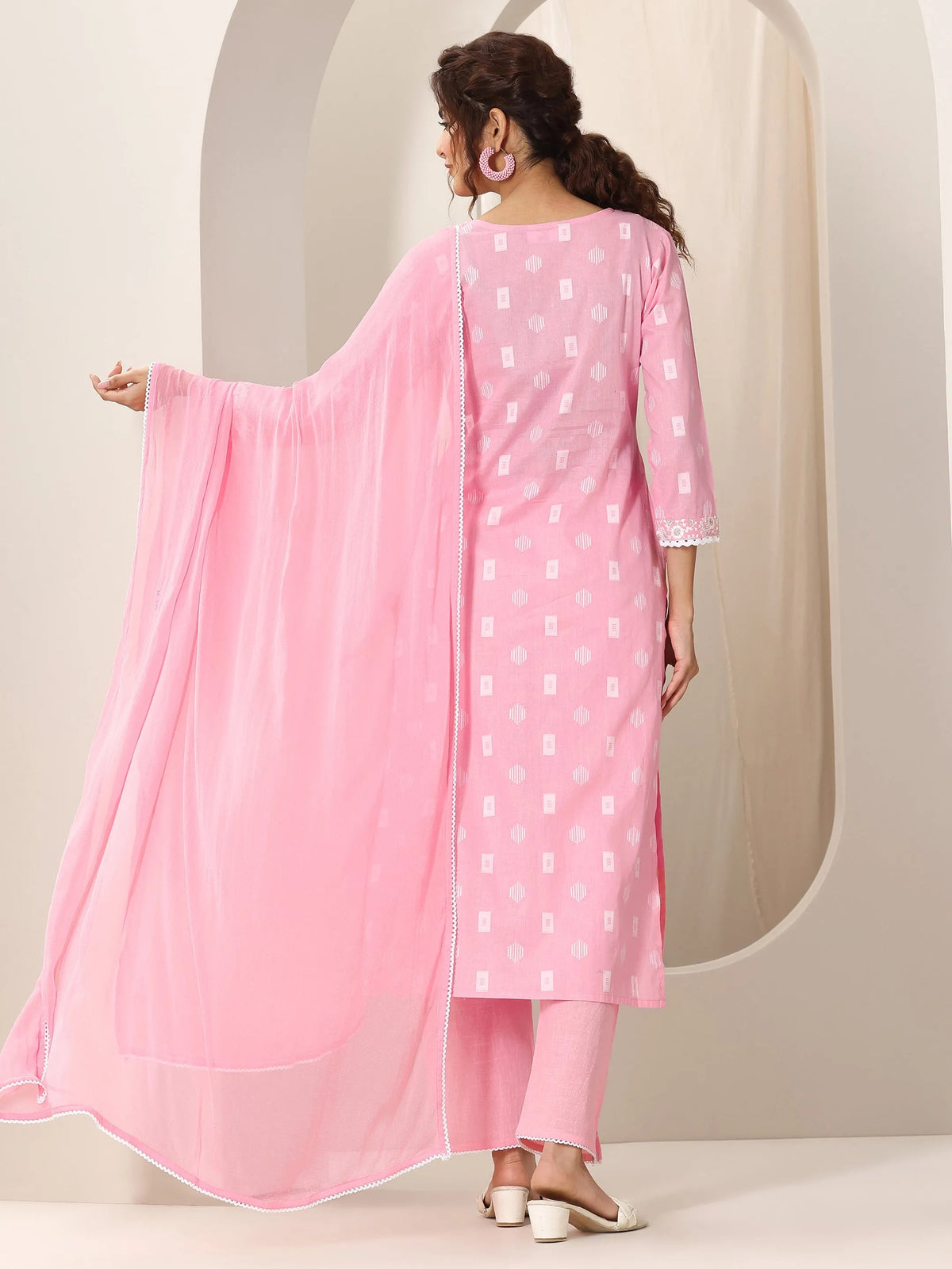 Anouk Pink Embroidered Cotton Straight Suit Set With Dupatta
