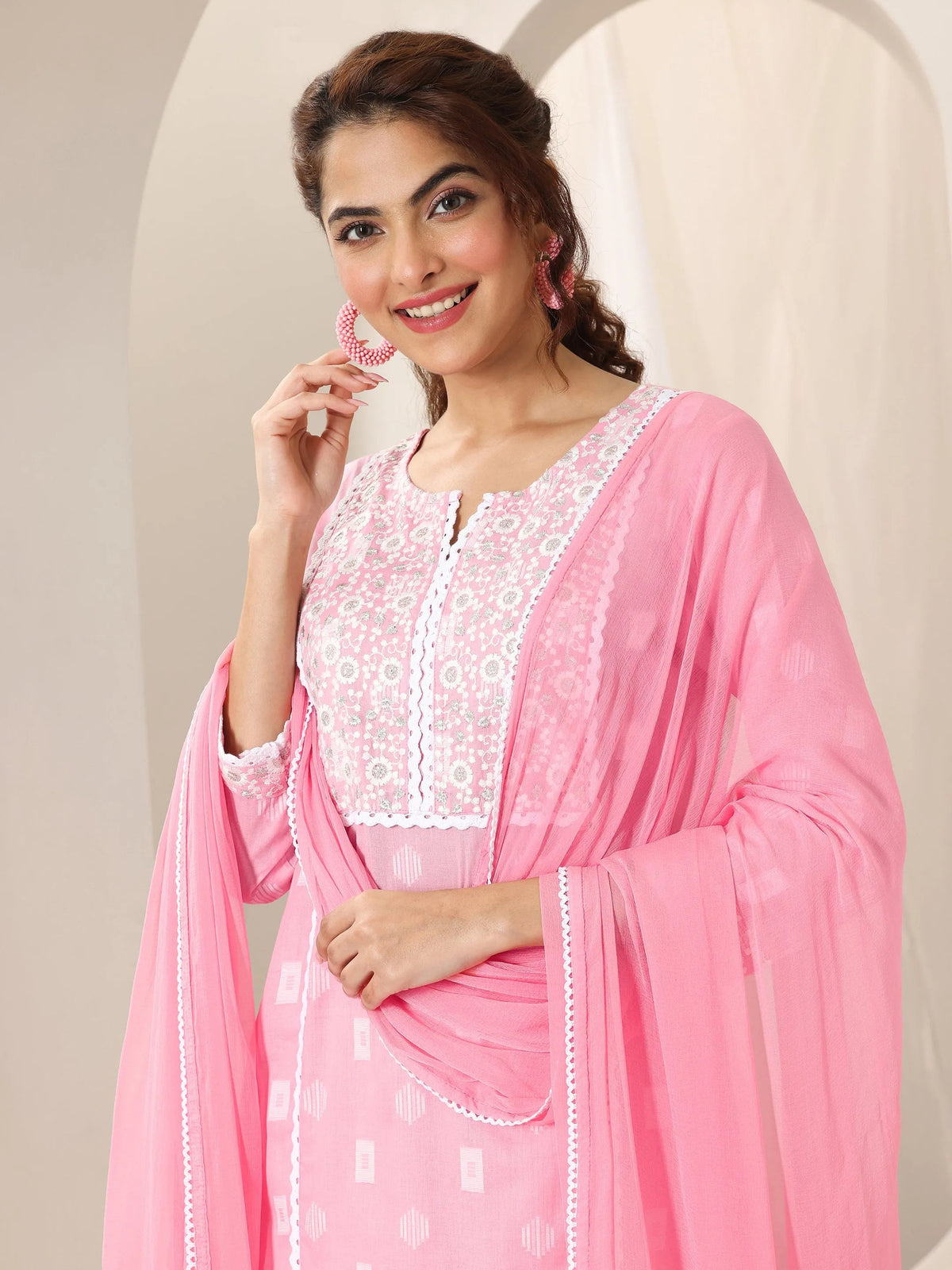 Anouk Pink Embroidered Cotton Straight Suit Set With Dupatta