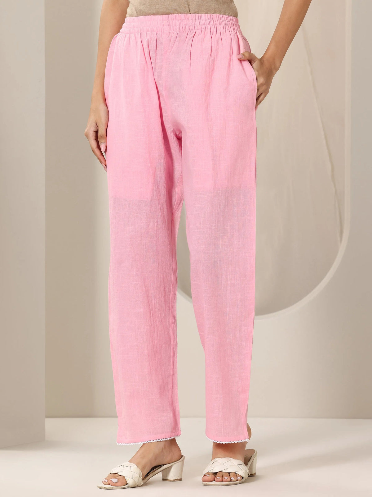 Anouk Pink Embroidered Cotton Straight Suit Set With Dupatta