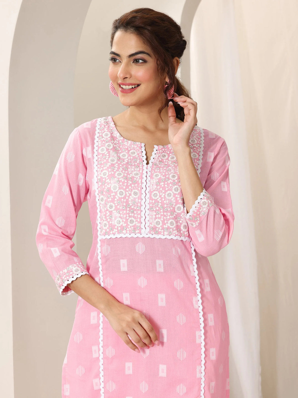 Anouk Pink Embroidered Cotton Straight Suit Set With Dupatta
