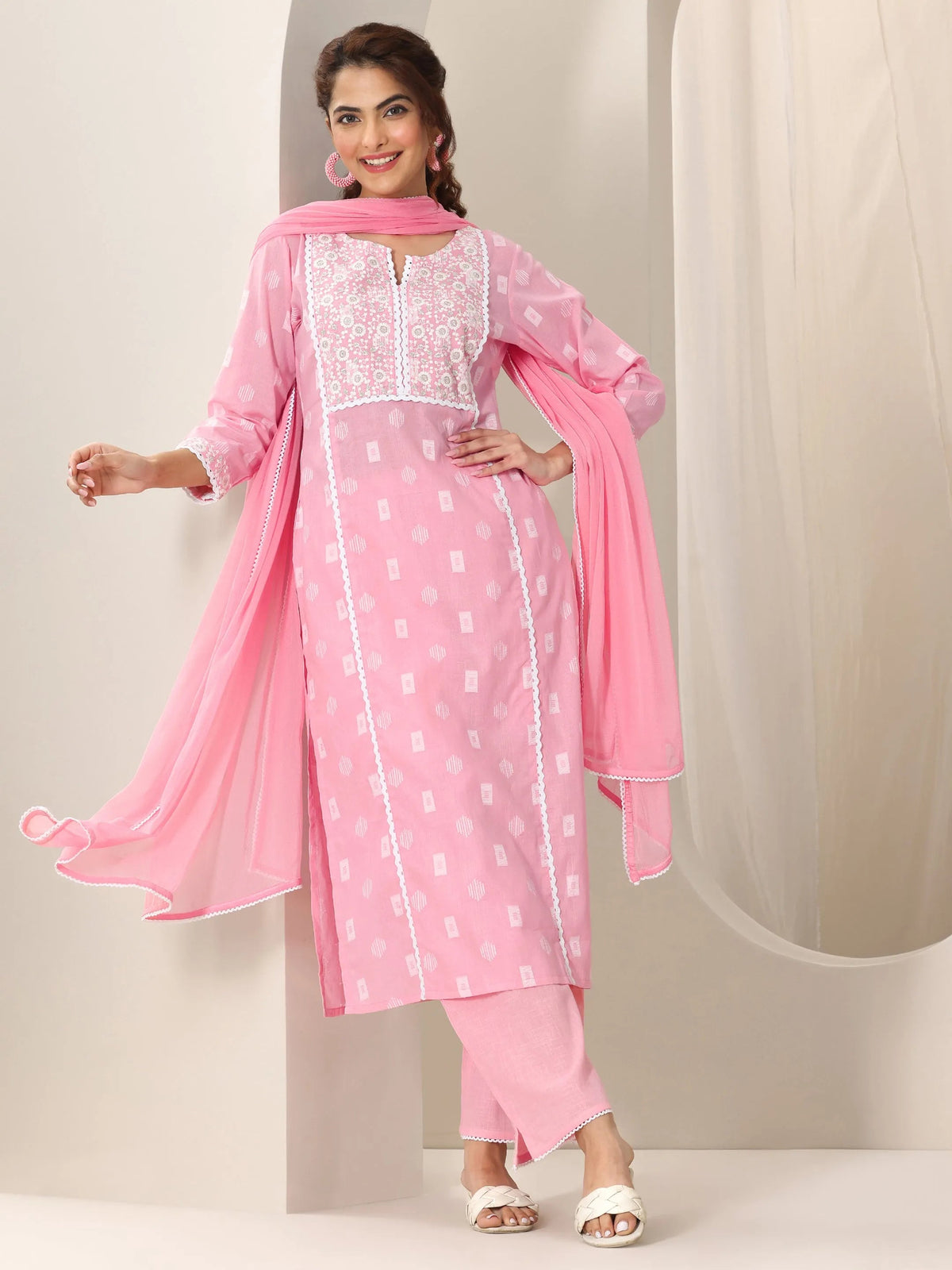 Anouk Pink Embroidered Cotton Straight Suit Set With Dupatta