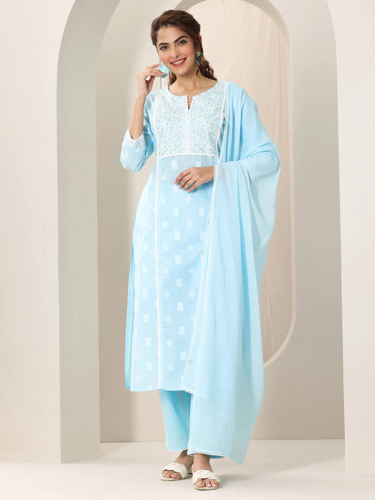 Anouk Blue Embroidered Cotton Straight Suit Set With Dupatta