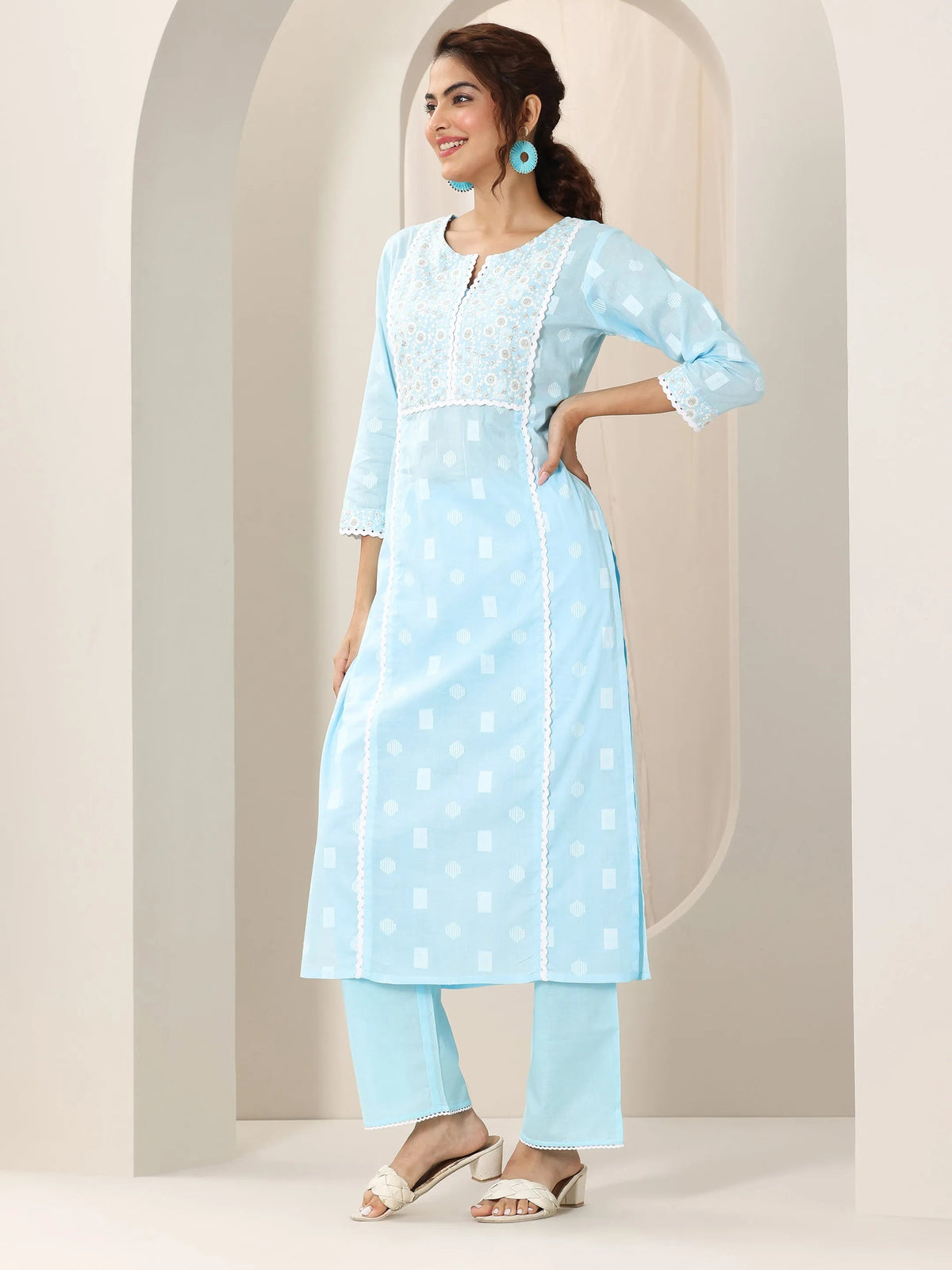 Anouk Blue Embroidered Cotton Straight Suit Set With Dupatta