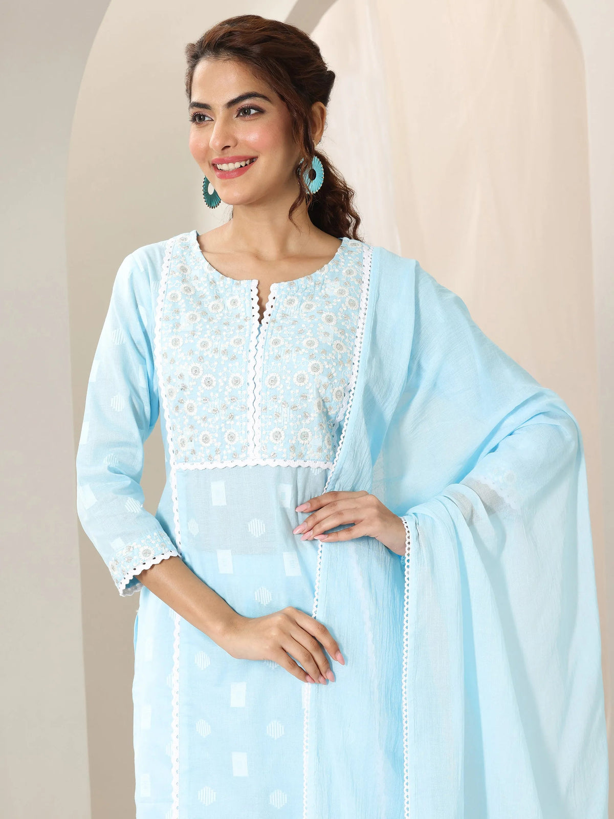 Anouk Blue Embroidered Cotton Straight Suit Set With Dupatta