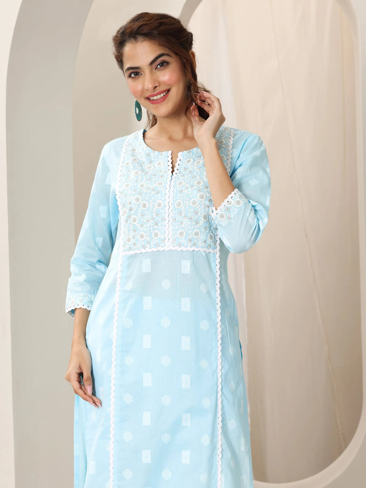 Anouk Blue Embroidered Cotton Straight Suit Set With Dupatta