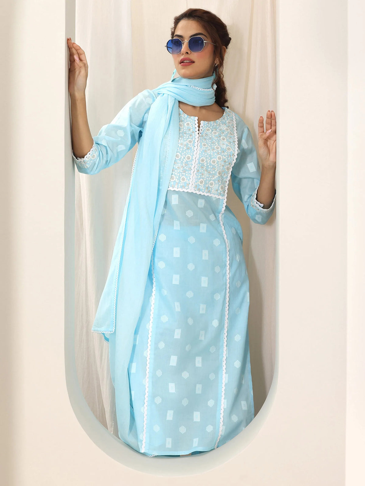Anouk Blue Embroidered Cotton Straight Suit Set With Dupatta