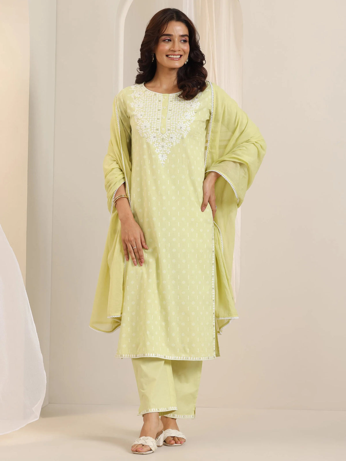 Anouk Lime Green Embroidered Cotton Straight Suit Set With Dupatta