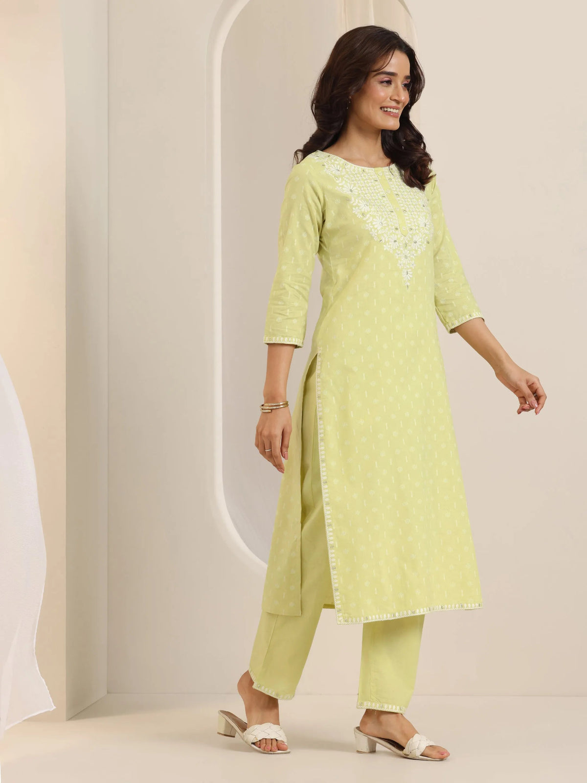 Anouk Lime Green Embroidered Cotton Straight Suit Set With Dupatta