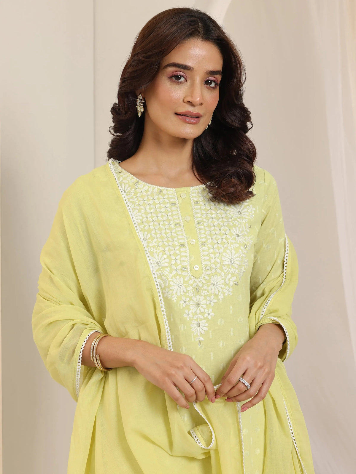 Anouk Lime Green Embroidered Cotton Straight Suit Set With Dupatta