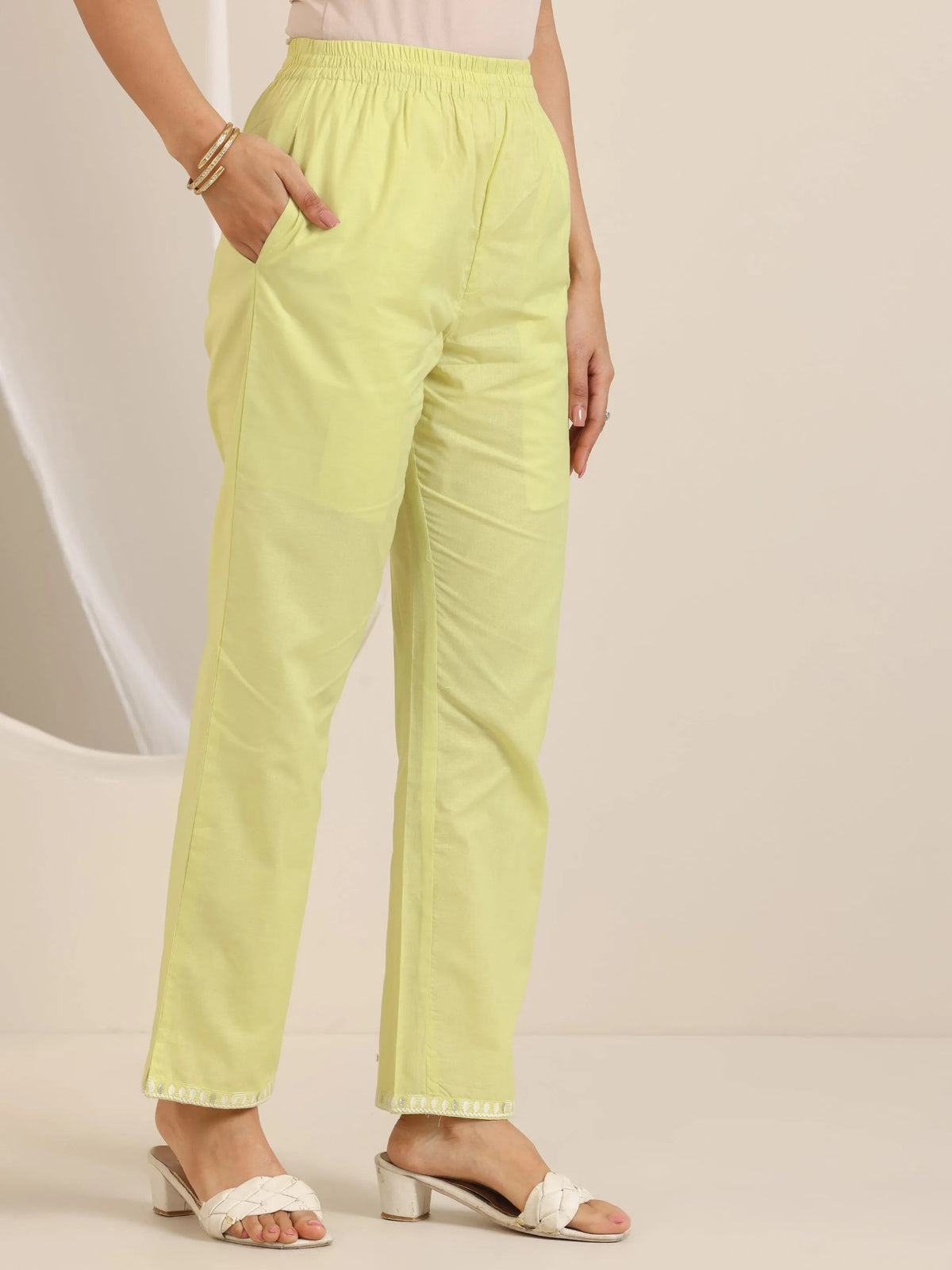 Anouk Lime Green Embroidered Cotton Straight Suit Set With Dupatta