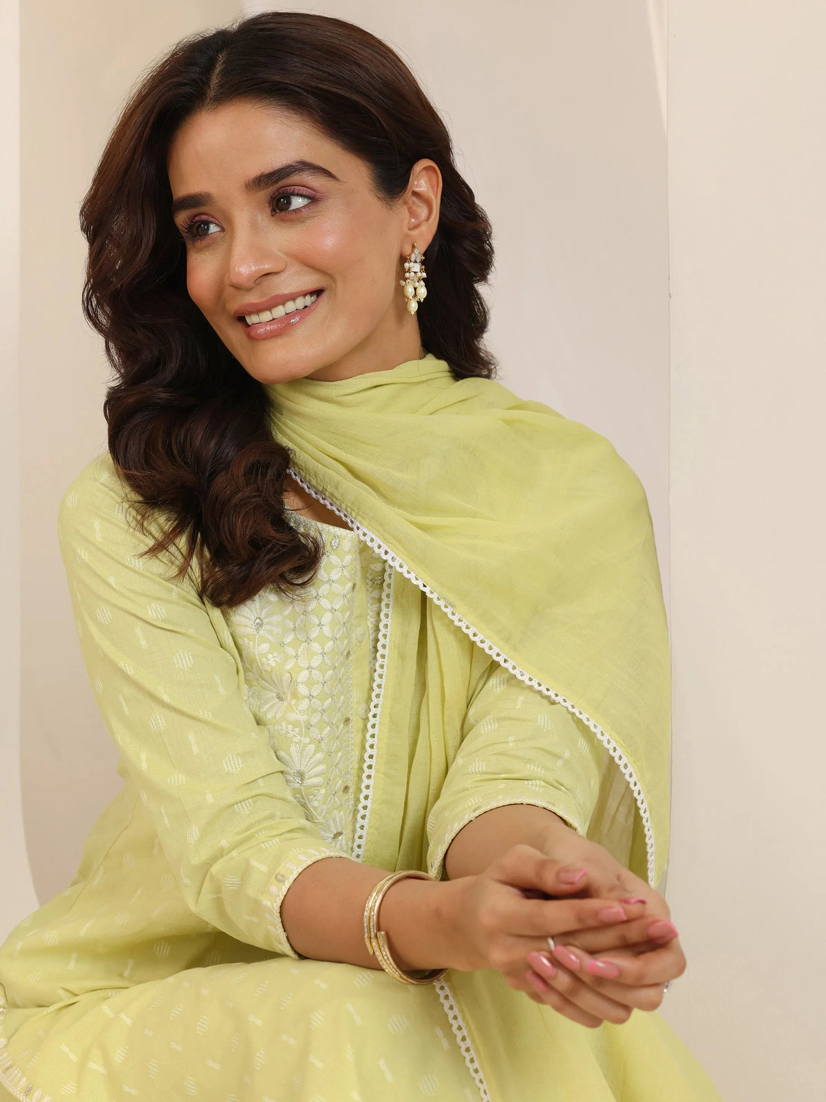 Anouk Lime Green Embroidered Cotton Straight Suit Set With Dupatta