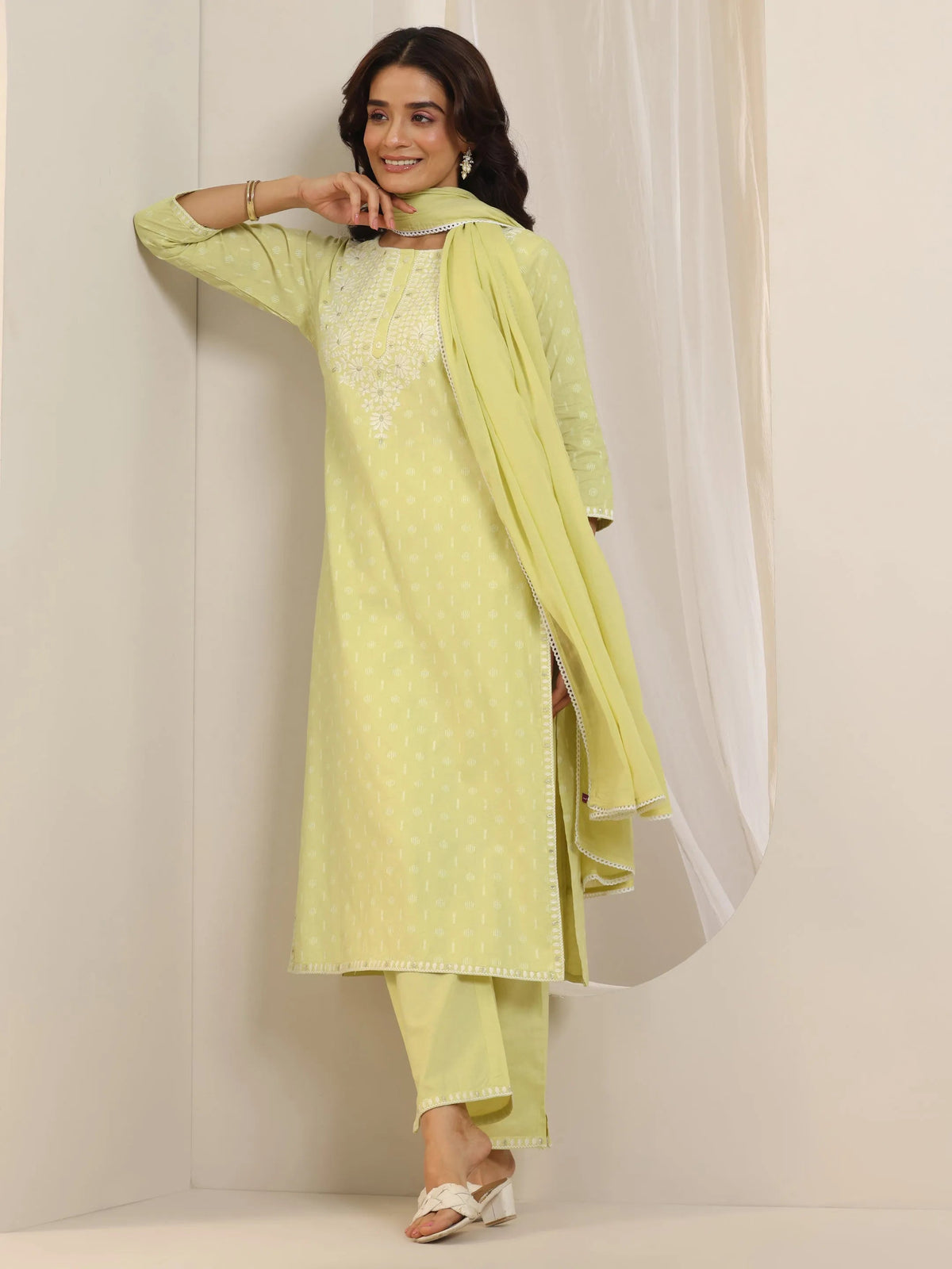 Anouk Lime Green Embroidered Cotton Straight Suit Set With Dupatta