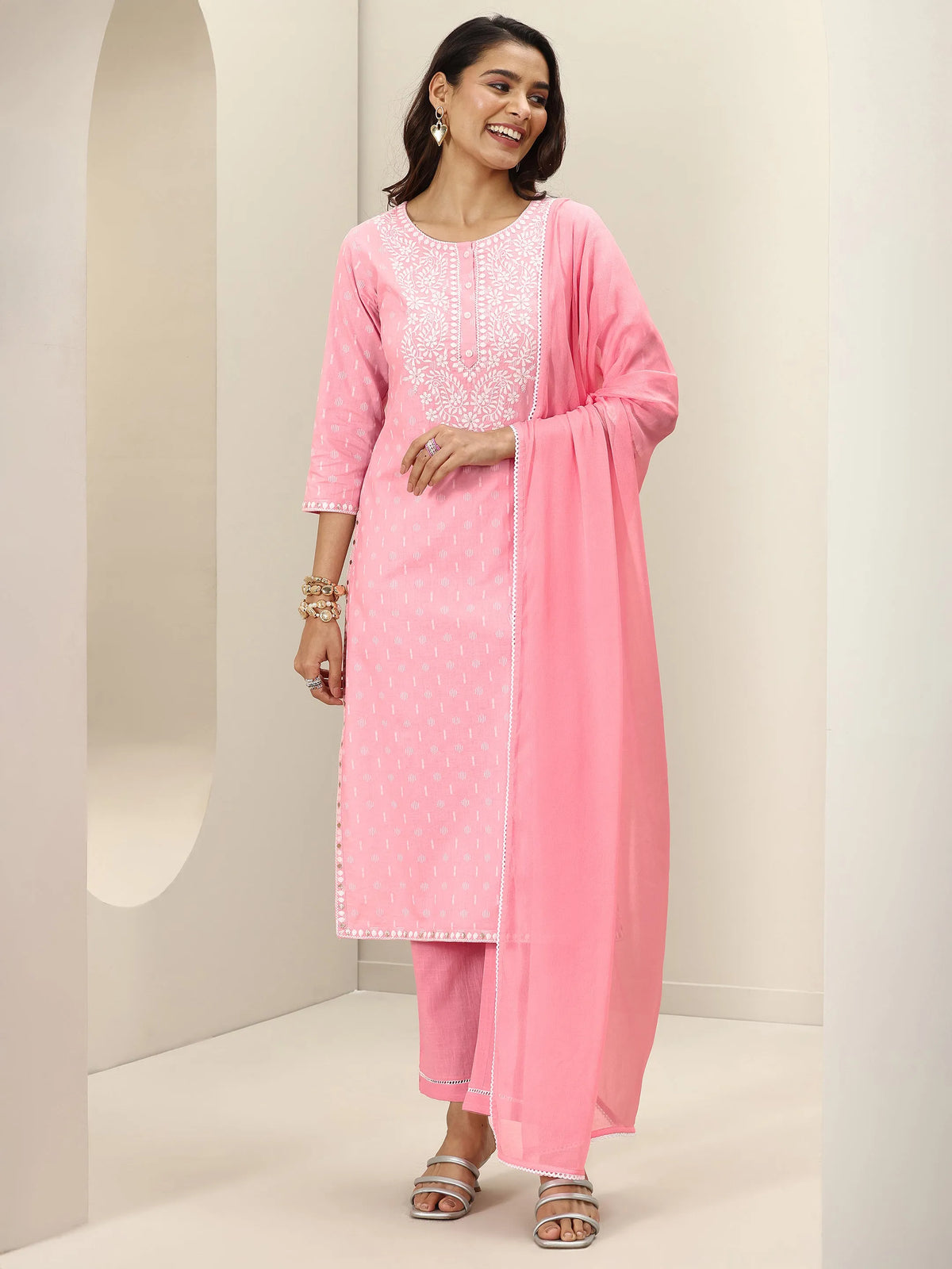 Anouk Pink Embroidered Cotton Straight Suit Sets With Dupatta