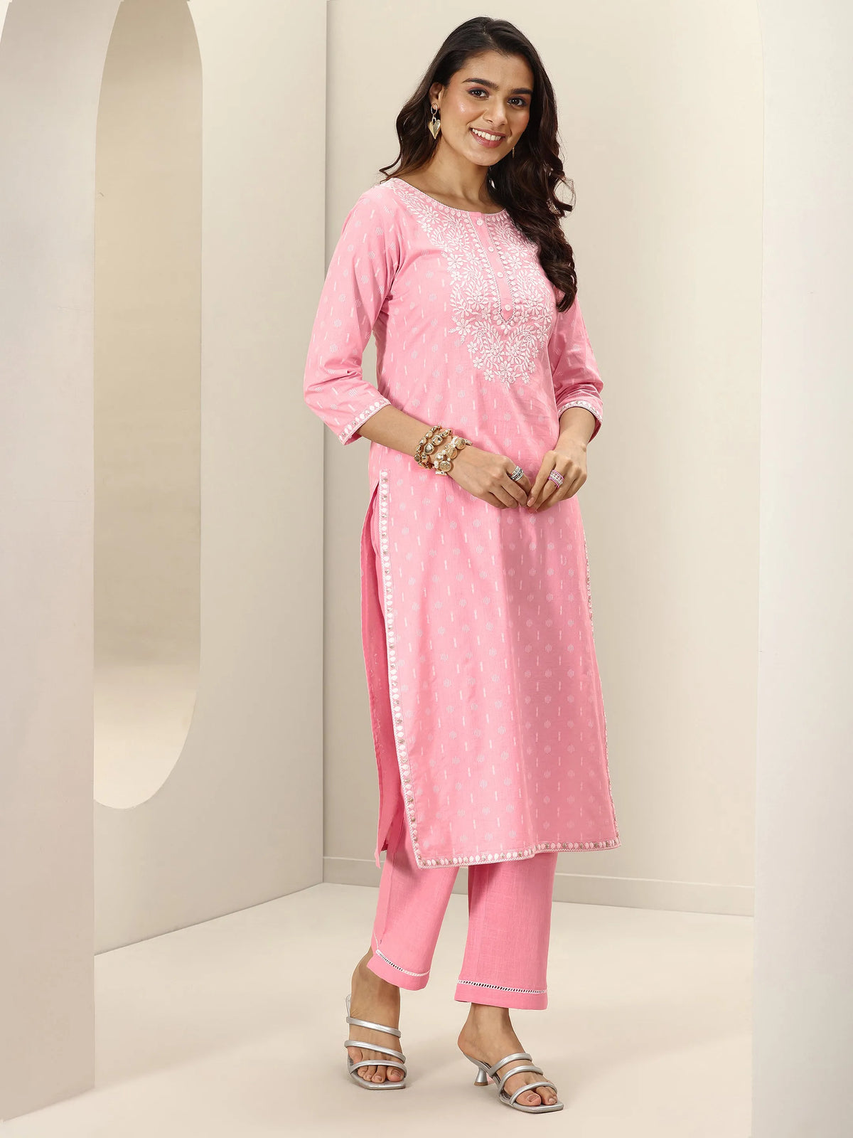 Anouk Pink Embroidered Cotton Straight Suit Sets With Dupatta