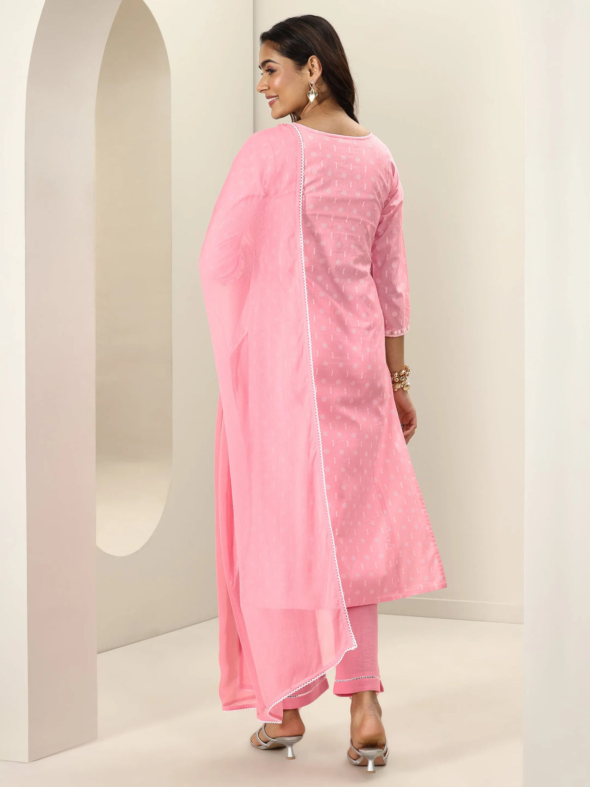 Anouk Pink Embroidered Cotton Straight Suit Sets With Dupatta
