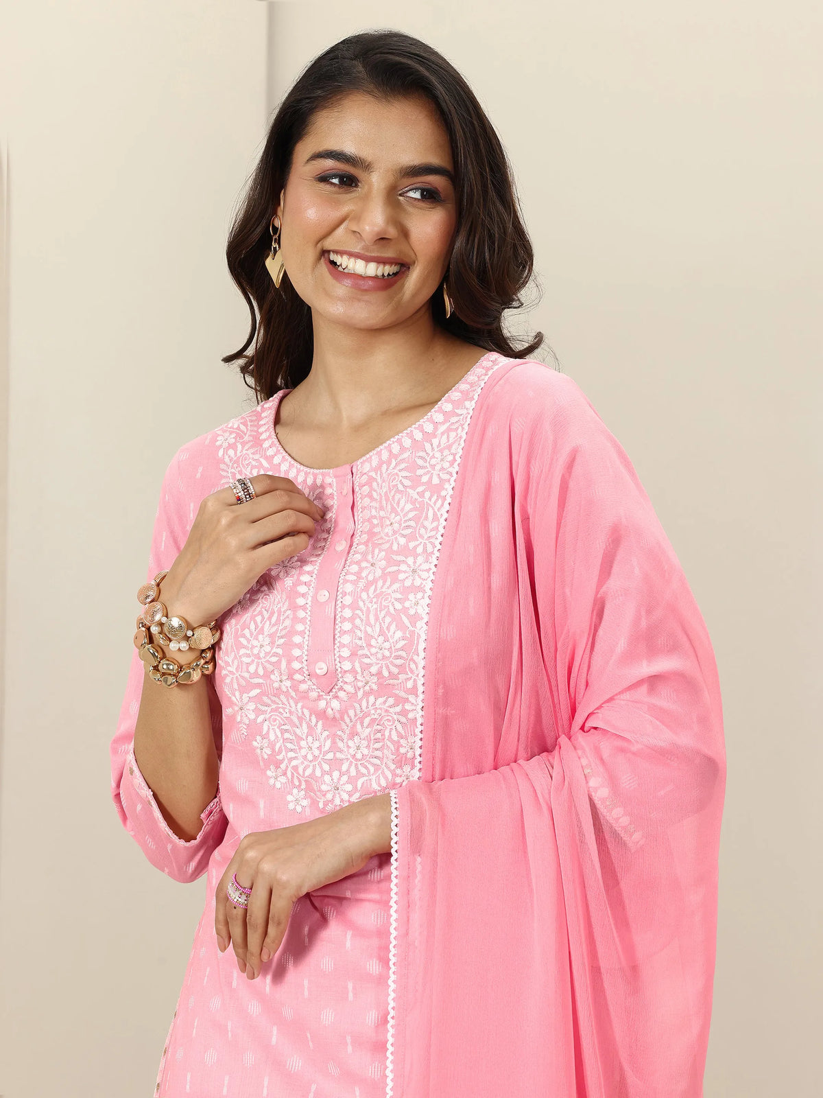 Anouk Pink Embroidered Cotton Straight Suit Sets With Dupatta