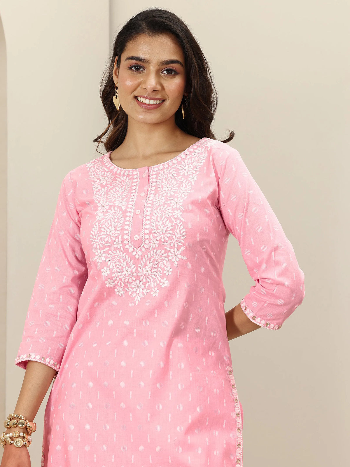 Anouk Pink Embroidered Cotton Straight Suit Sets With Dupatta