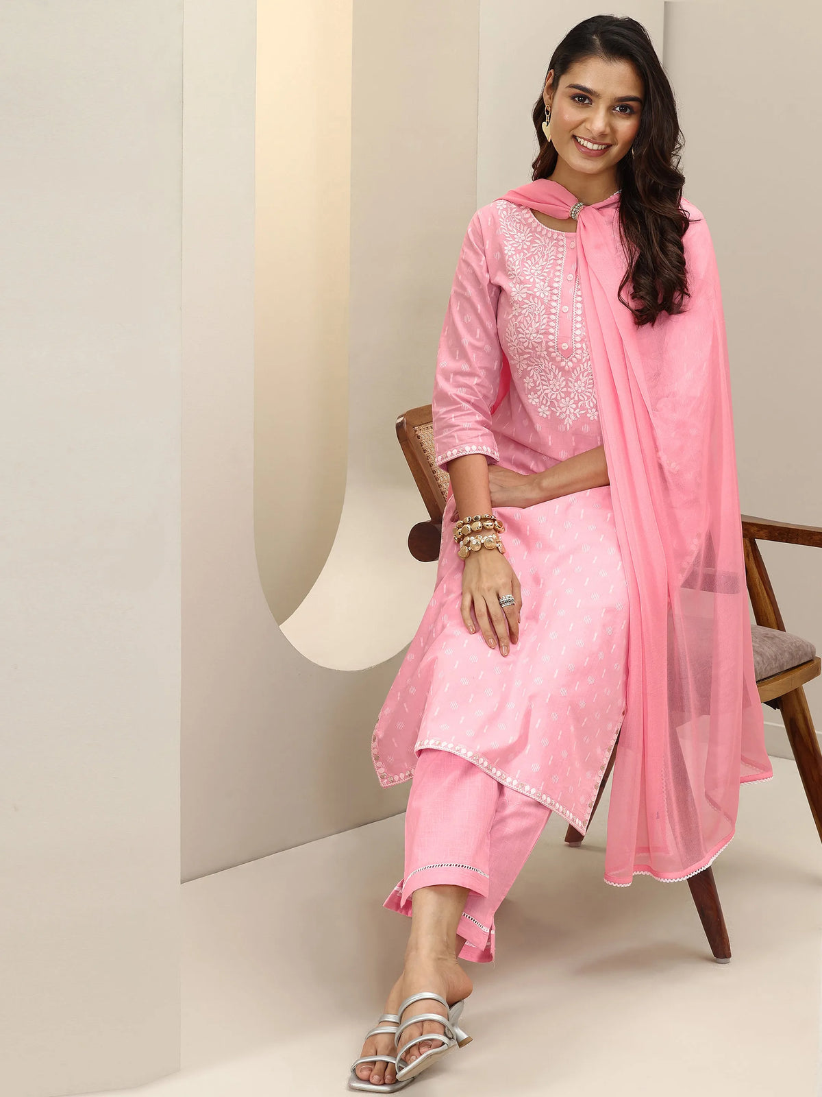 Anouk Pink Embroidered Cotton Straight Suit Sets With Dupatta