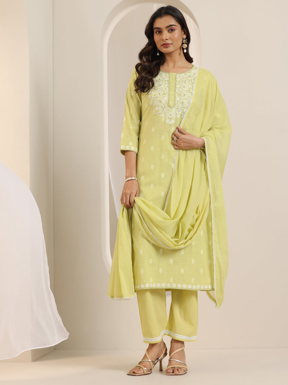 Anouk Lime Green Embroidered Cotton Straight Suit Set With Dupatta