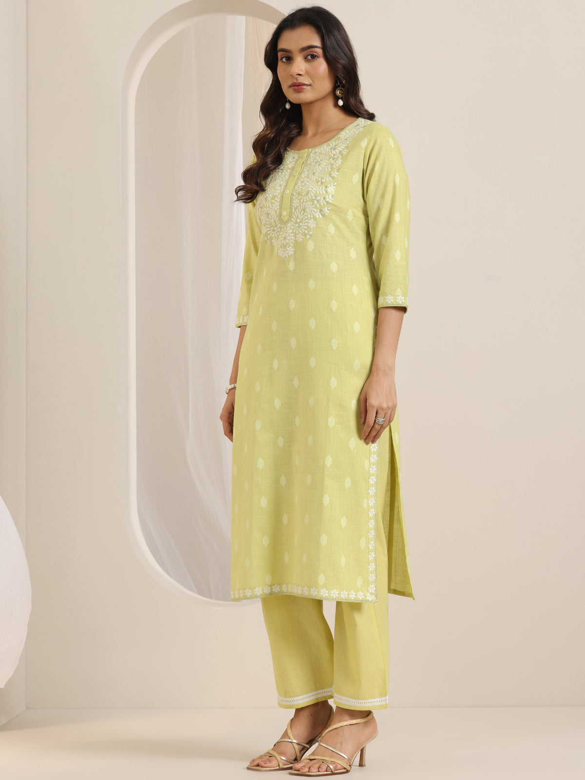 Anouk Lime Green Embroidered Cotton Straight Suit Set With Dupatta