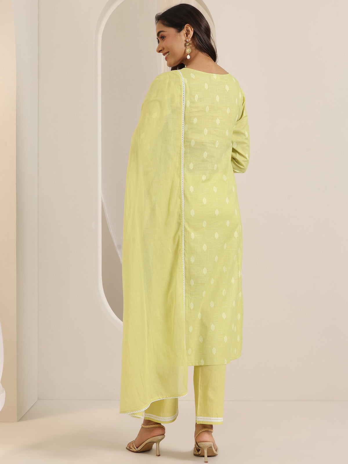 Anouk Lime Green Embroidered Cotton Straight Suit Set With Dupatta