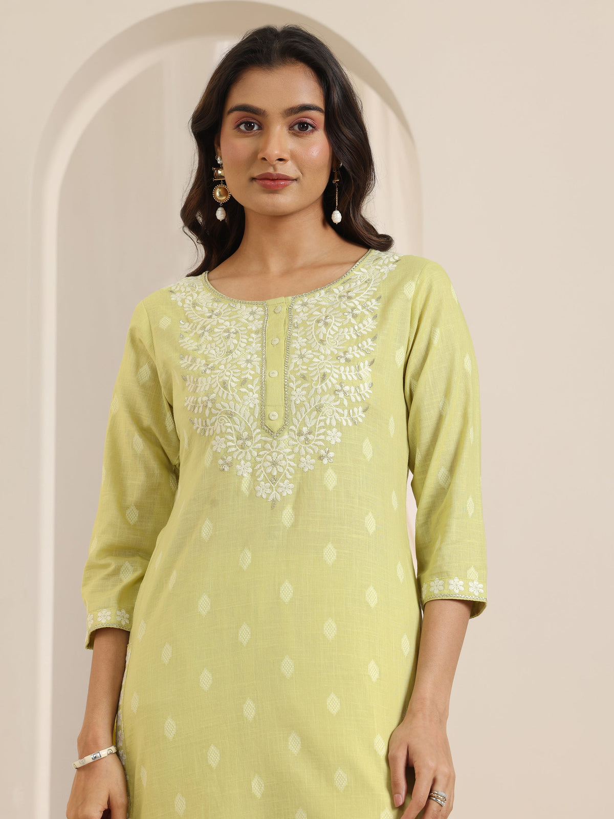 Anouk Lime Green Embroidered Cotton Straight Suit Set With Dupatta