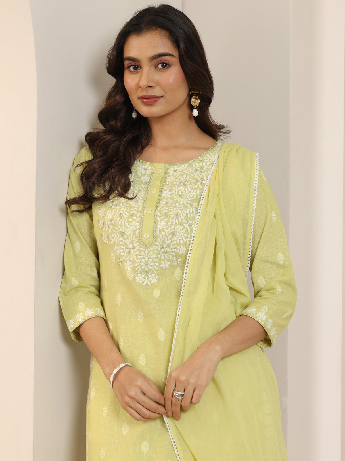 Anouk Lime Green Embroidered Cotton Straight Suit Set With Dupatta