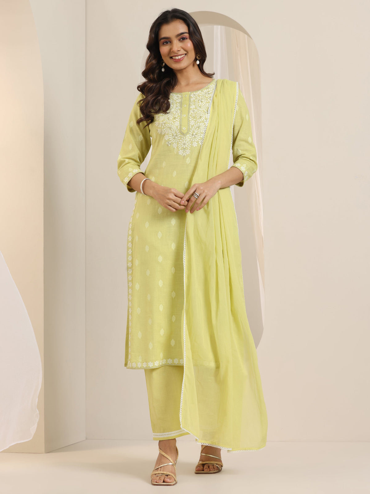Anouk Lime Green Embroidered Cotton Straight Suit Set With Dupatta