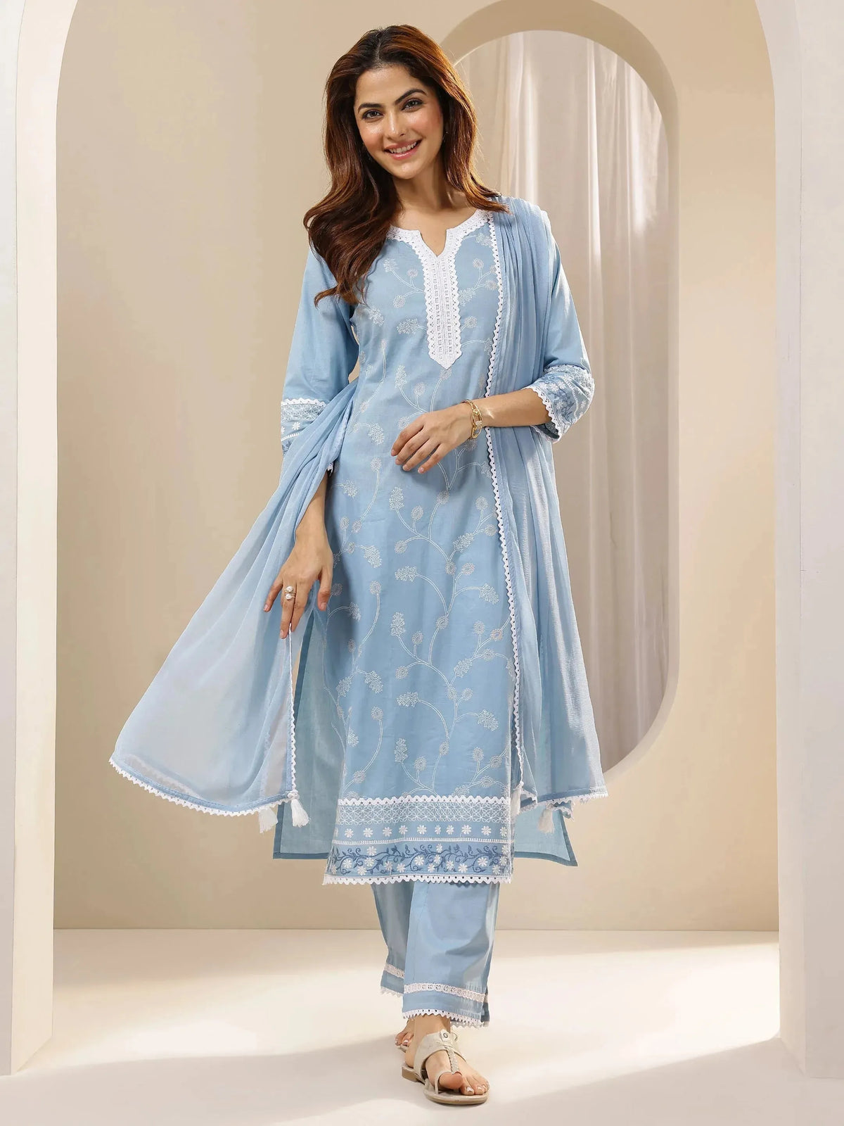 Anouk Blue Embroidered Cotton Straight Suit Sets With Dupatta
