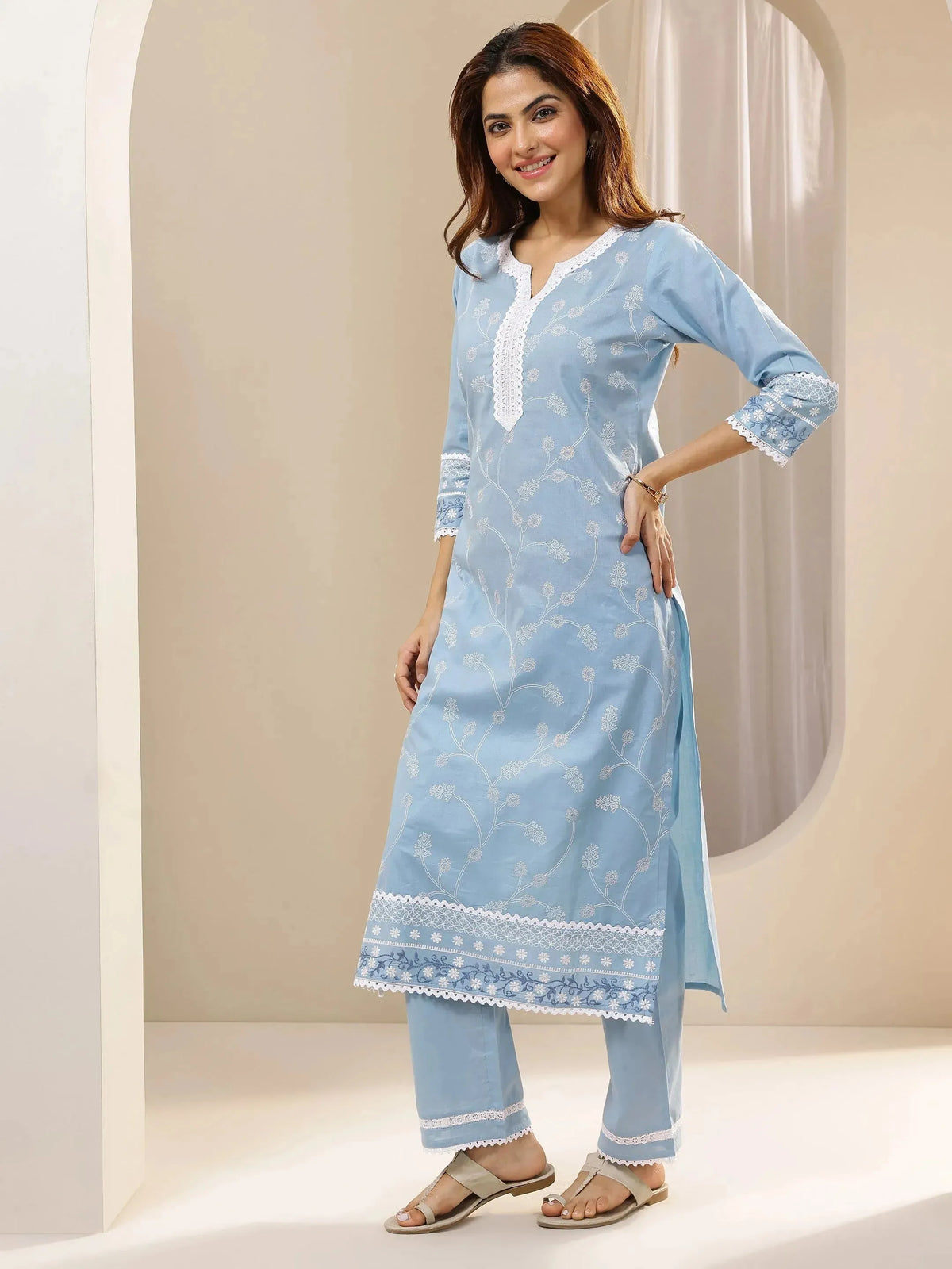 Anouk Blue Embroidered Cotton Straight Suit Sets With Dupatta