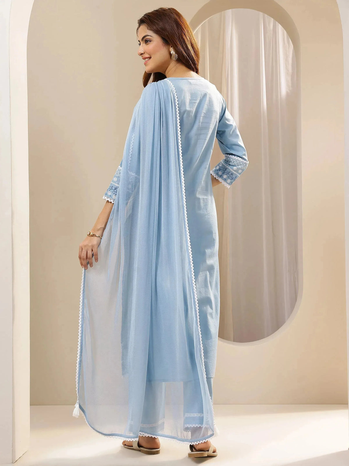 Anouk Blue Embroidered Cotton Straight Suit Sets With Dupatta