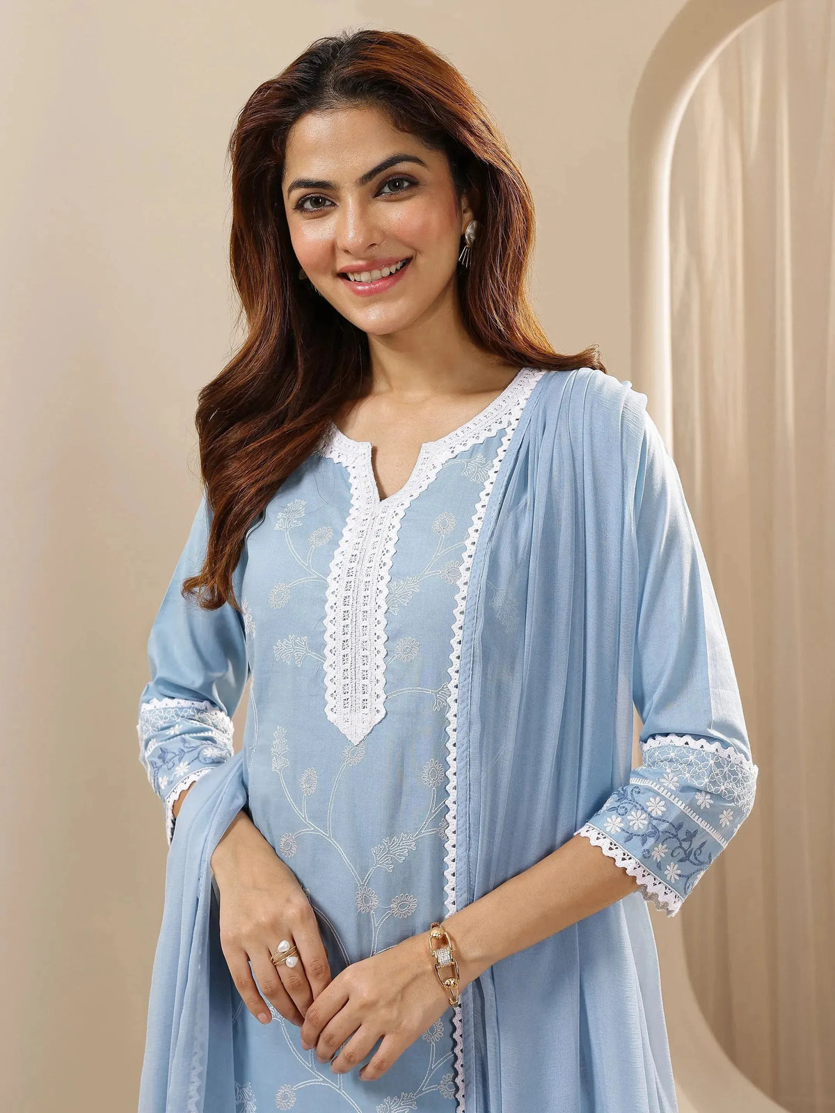 Anouk Blue Embroidered Cotton Straight Suit Sets With Dupatta