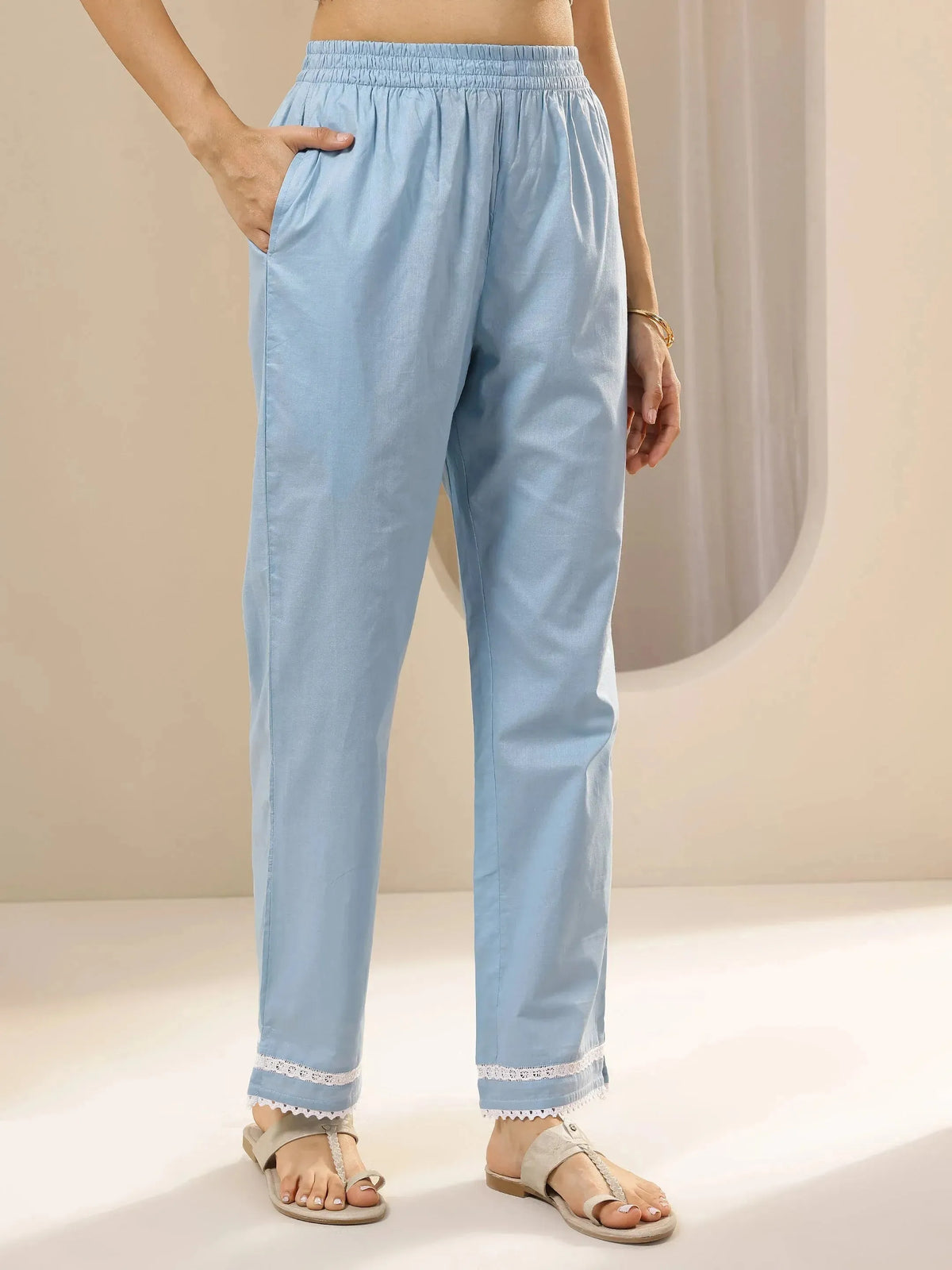 Anouk Blue Embroidered Cotton Straight Suit Sets With Dupatta