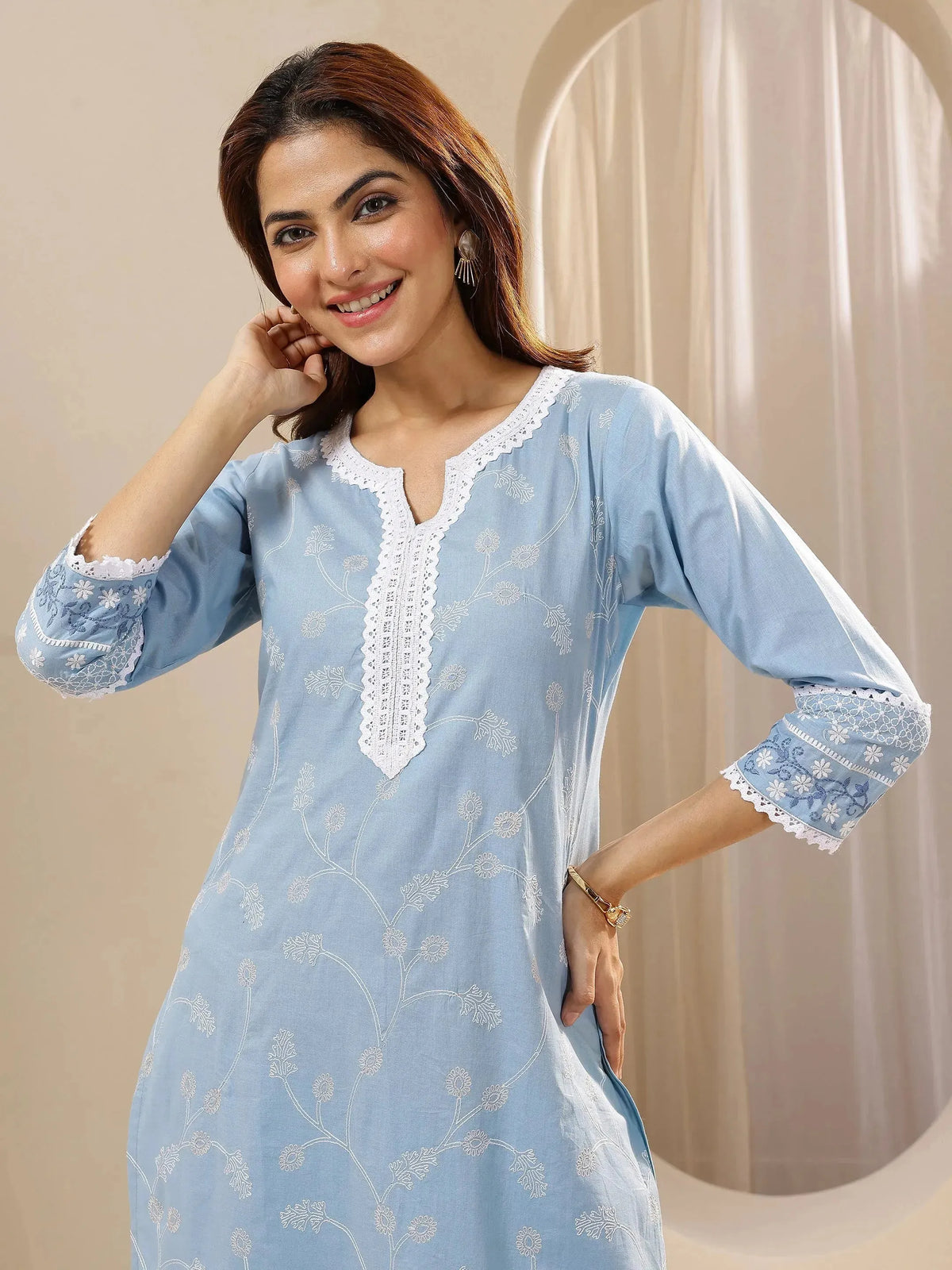 Anouk Blue Embroidered Cotton Straight Suit Sets With Dupatta