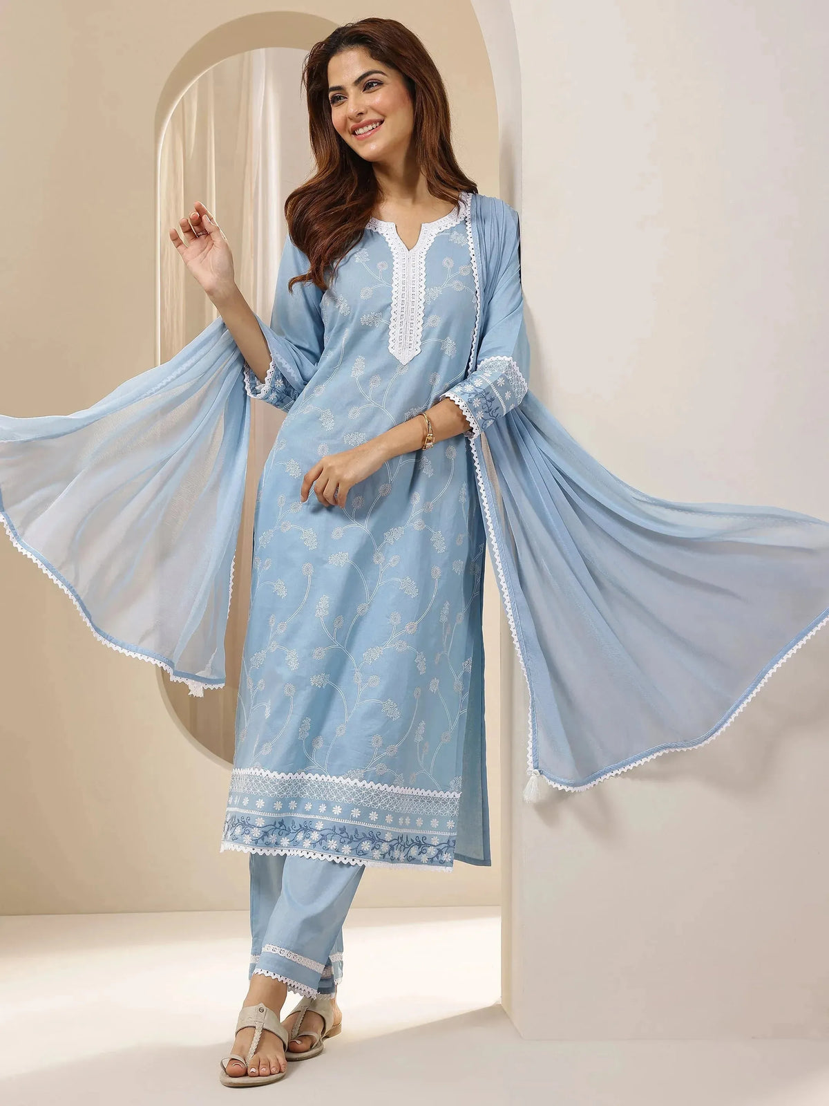 Anouk Blue Embroidered Cotton Straight Suit Sets With Dupatta
