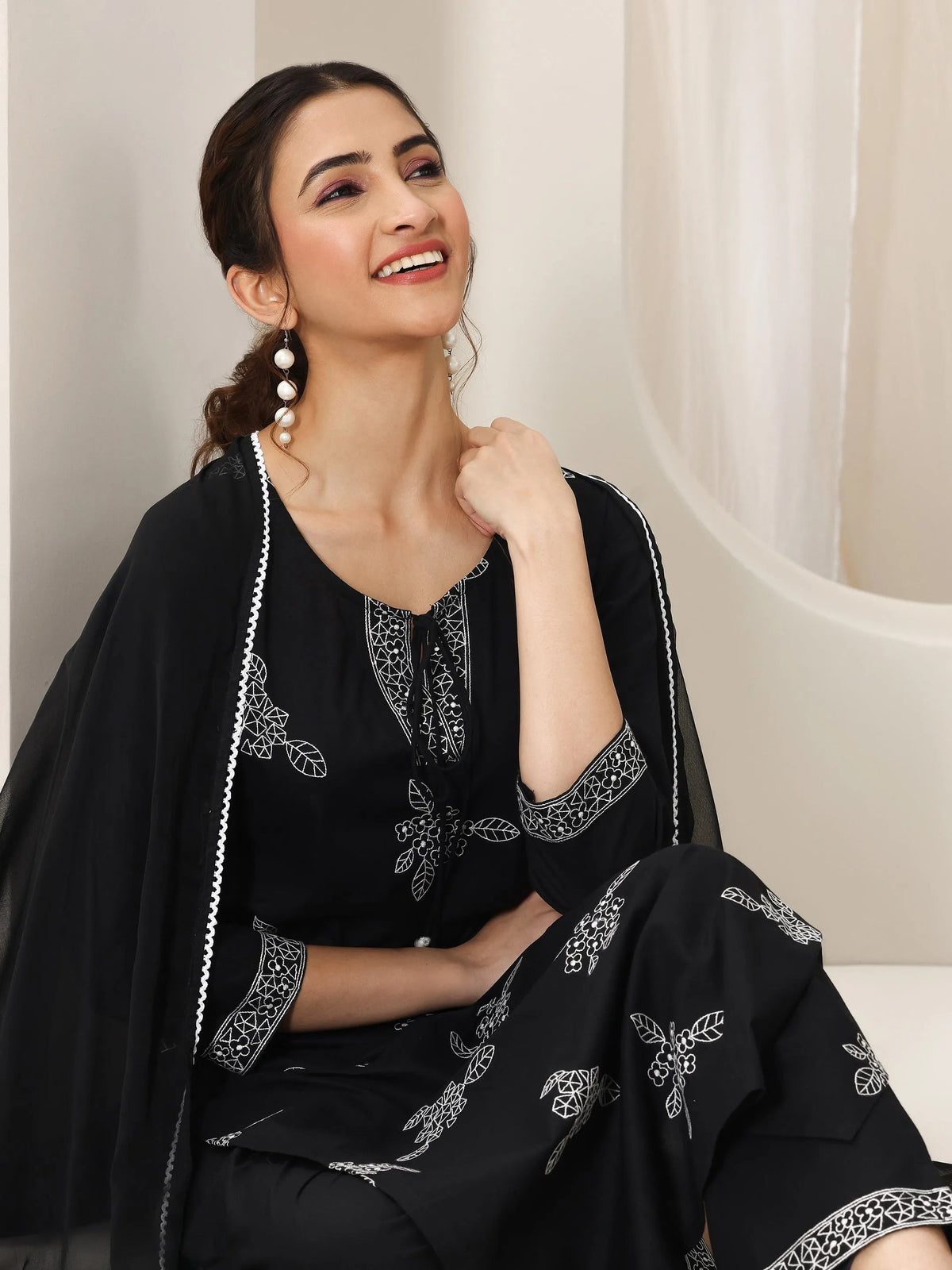 Anouk Black Embroidered Cotton Straight Suit Set With Dupatta