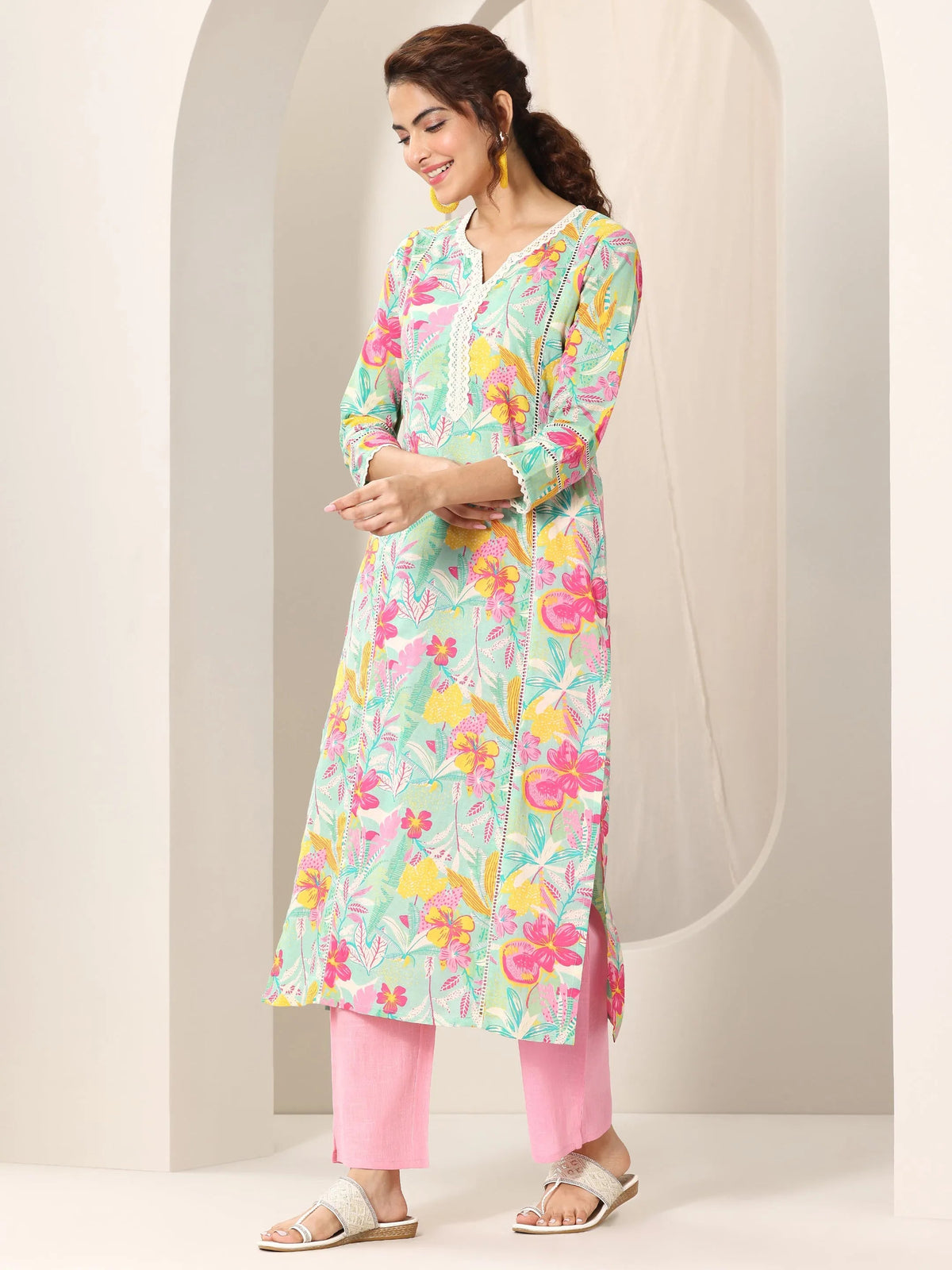 Anouk Turquoise Blue Printed Cotton Straight Suit Set With Dupatta