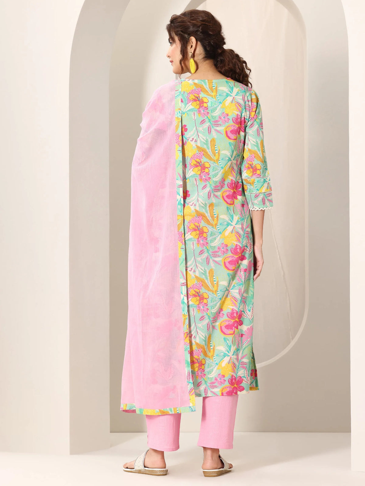 Anouk Turquoise Blue Printed Cotton Straight Suit Set With Dupatta